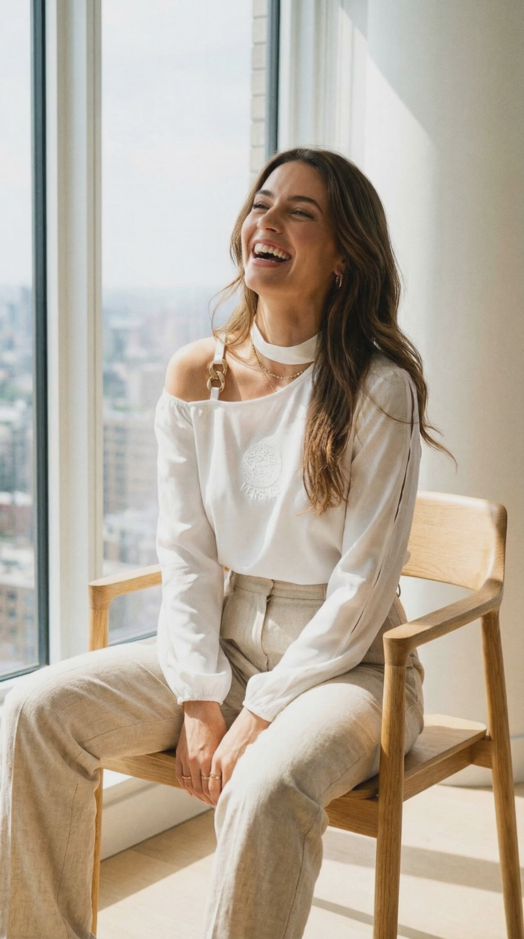 Medusa logo White Silk Blend Asymmetric Embroidered Blouse Size US Large