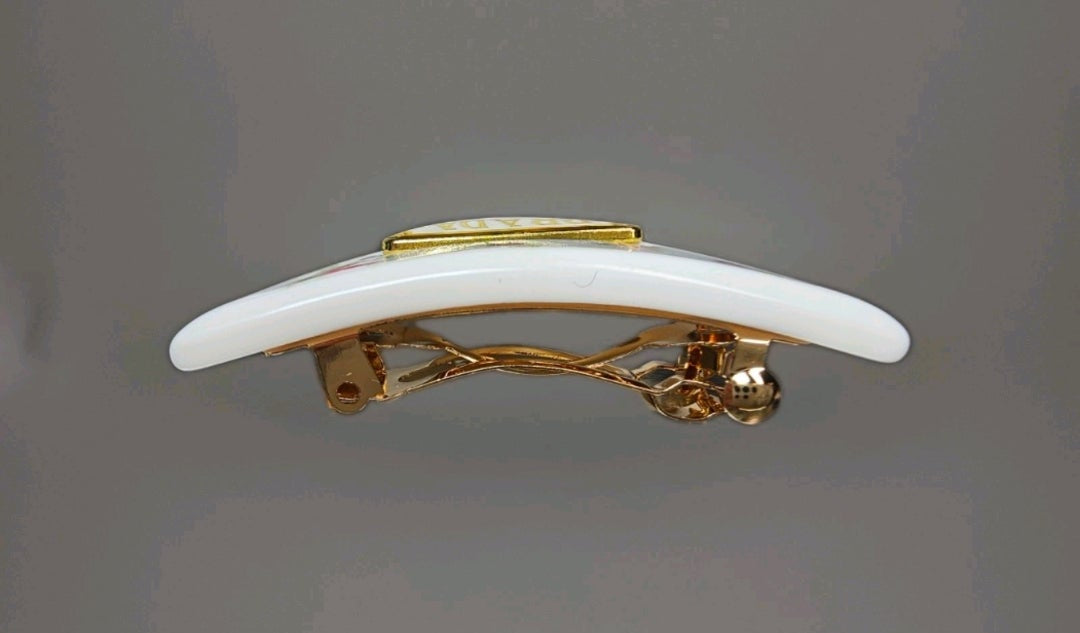 Prada Gold Logo charm White Floral Triangle Floral Hair Clip