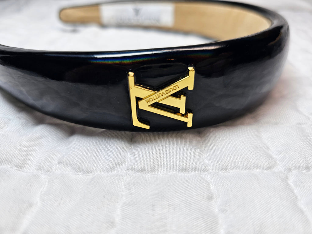 Black Patent Leather Louis Vuitton Gold logo Charm Headband