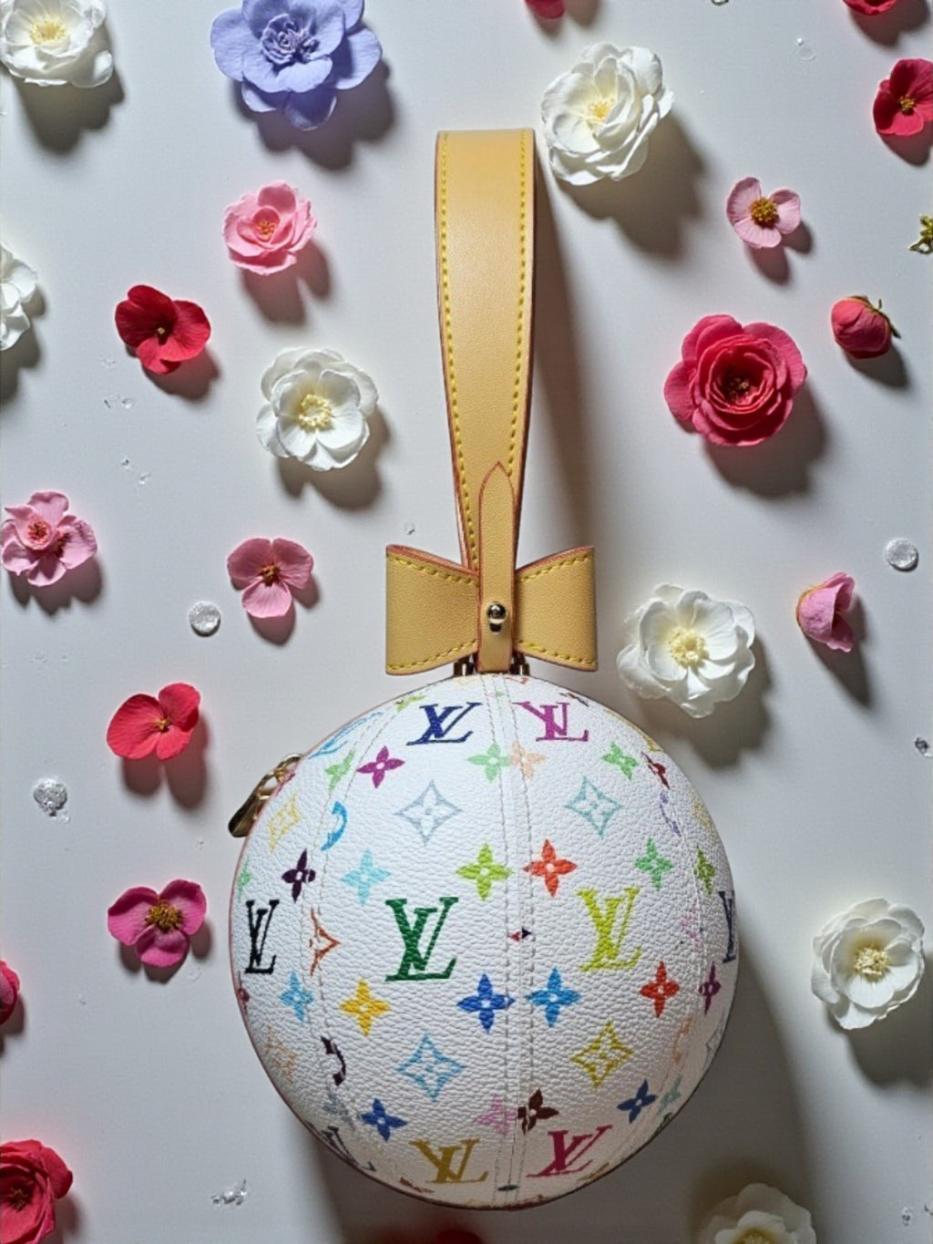 LV x White Murakami Monogram Logo Holiday Ball wristlet bag
