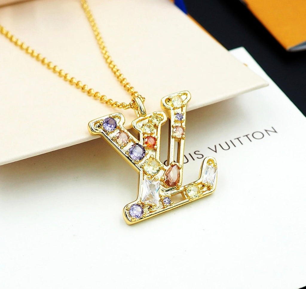 18K gold plated Gemstone Logo Dangle Necklace