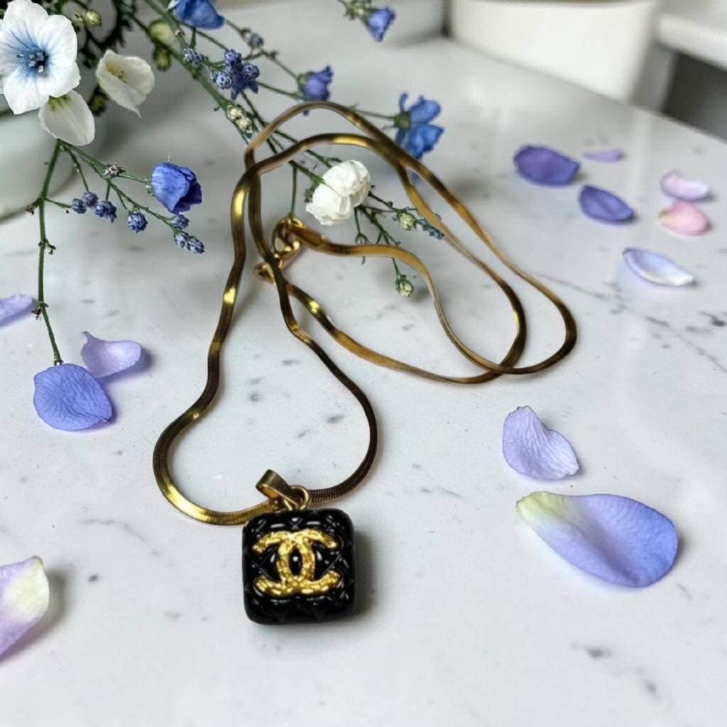 CC Logo Charm Pendant Necklace Black Enamel Square