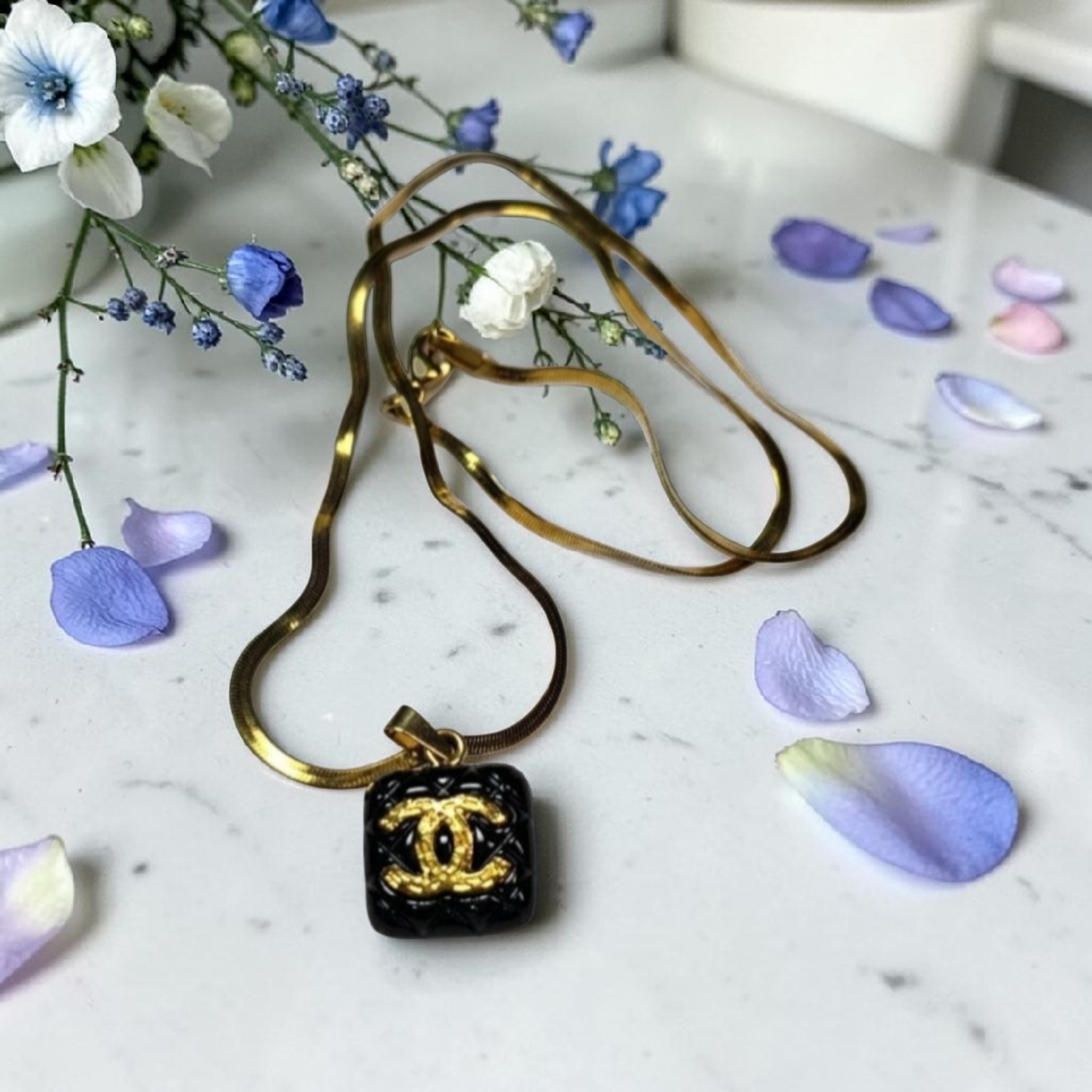 CC Logo Charm Pendant Necklace Black Enamel Square