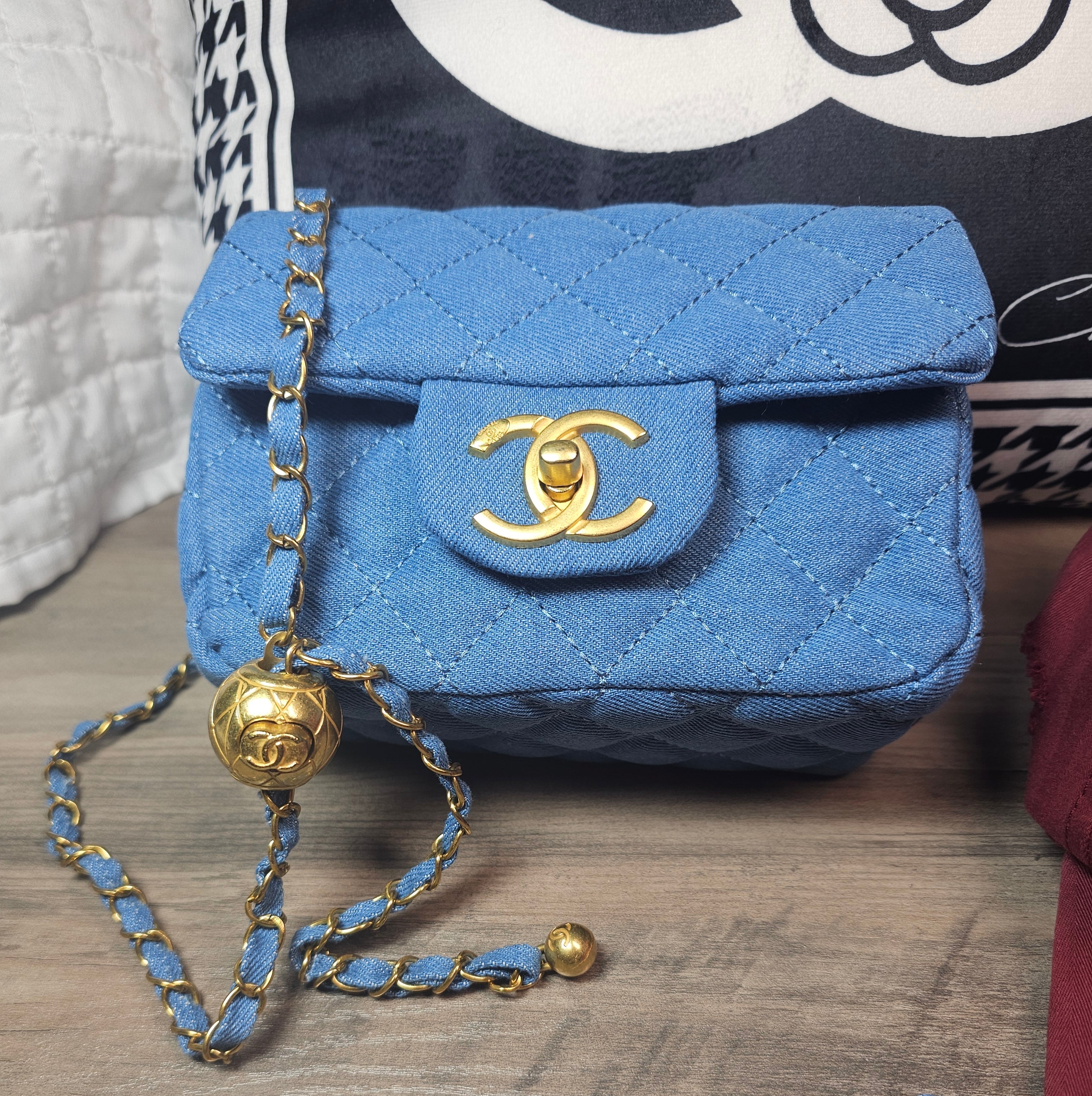 CC Logo Denim mini Crossbody Bag with Ball chain Strap