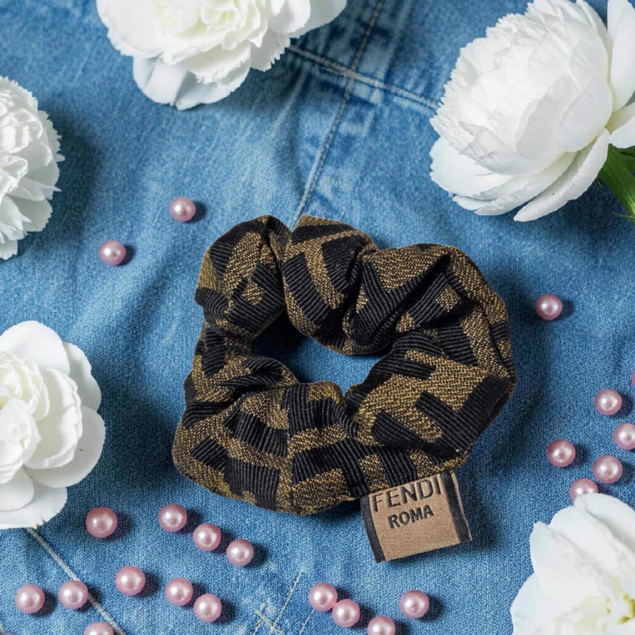 Black and brown FF Logo  Monogram Scrunchie