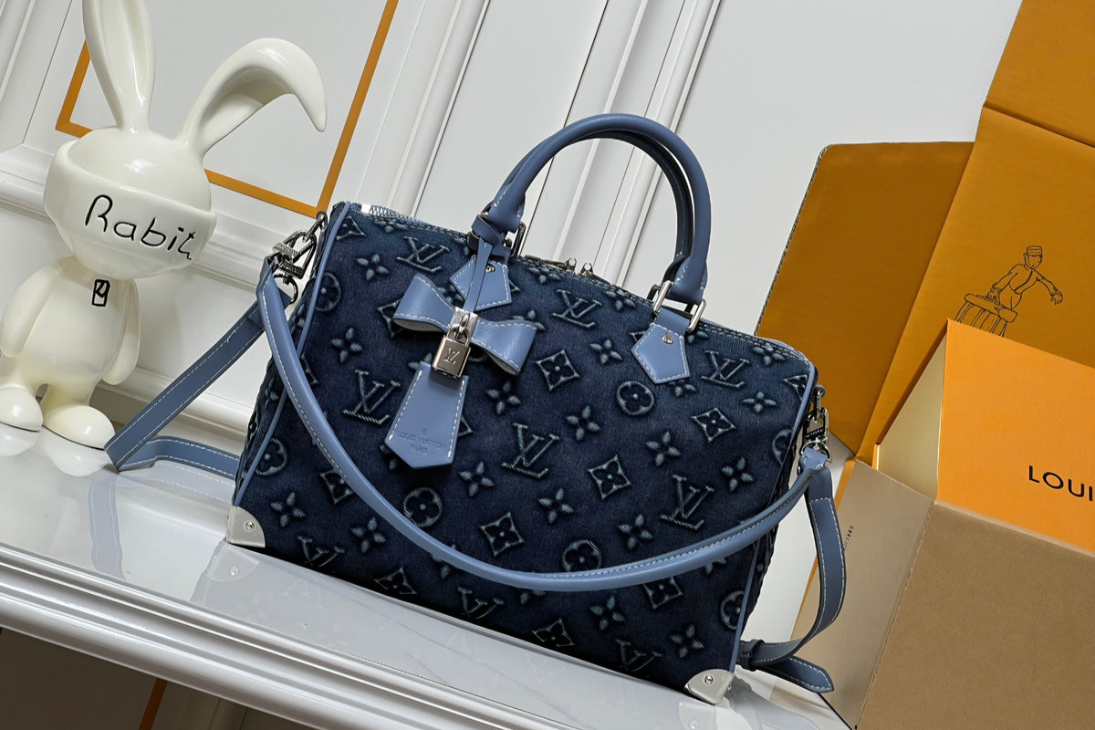 L Logo Deep Blue Denim Barrel Bag