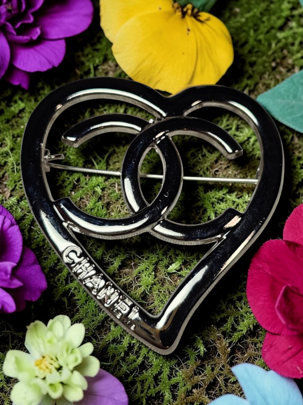 Silver Chanel logo charm pin Brooch