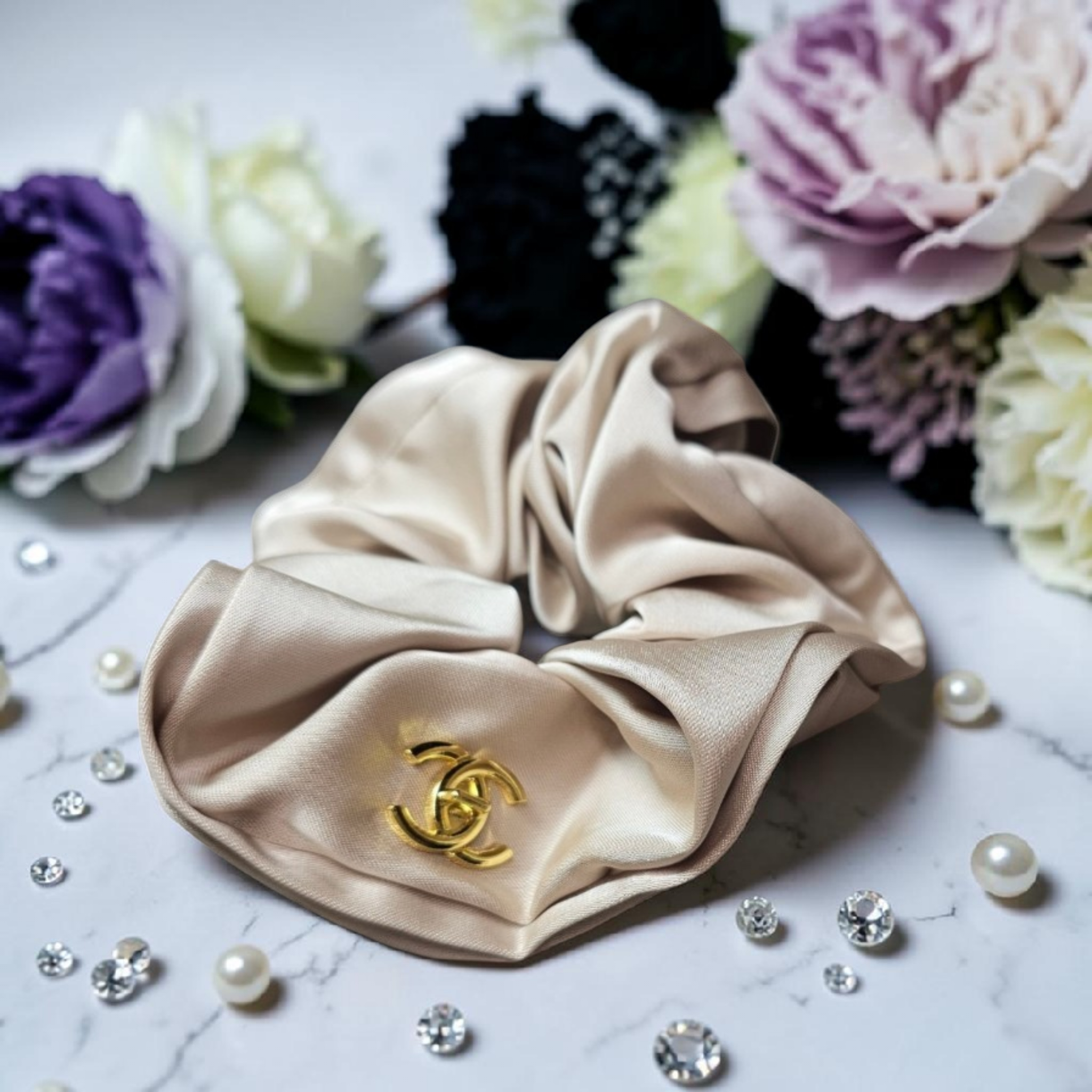 Beige CC Satin Hair Scrunchie