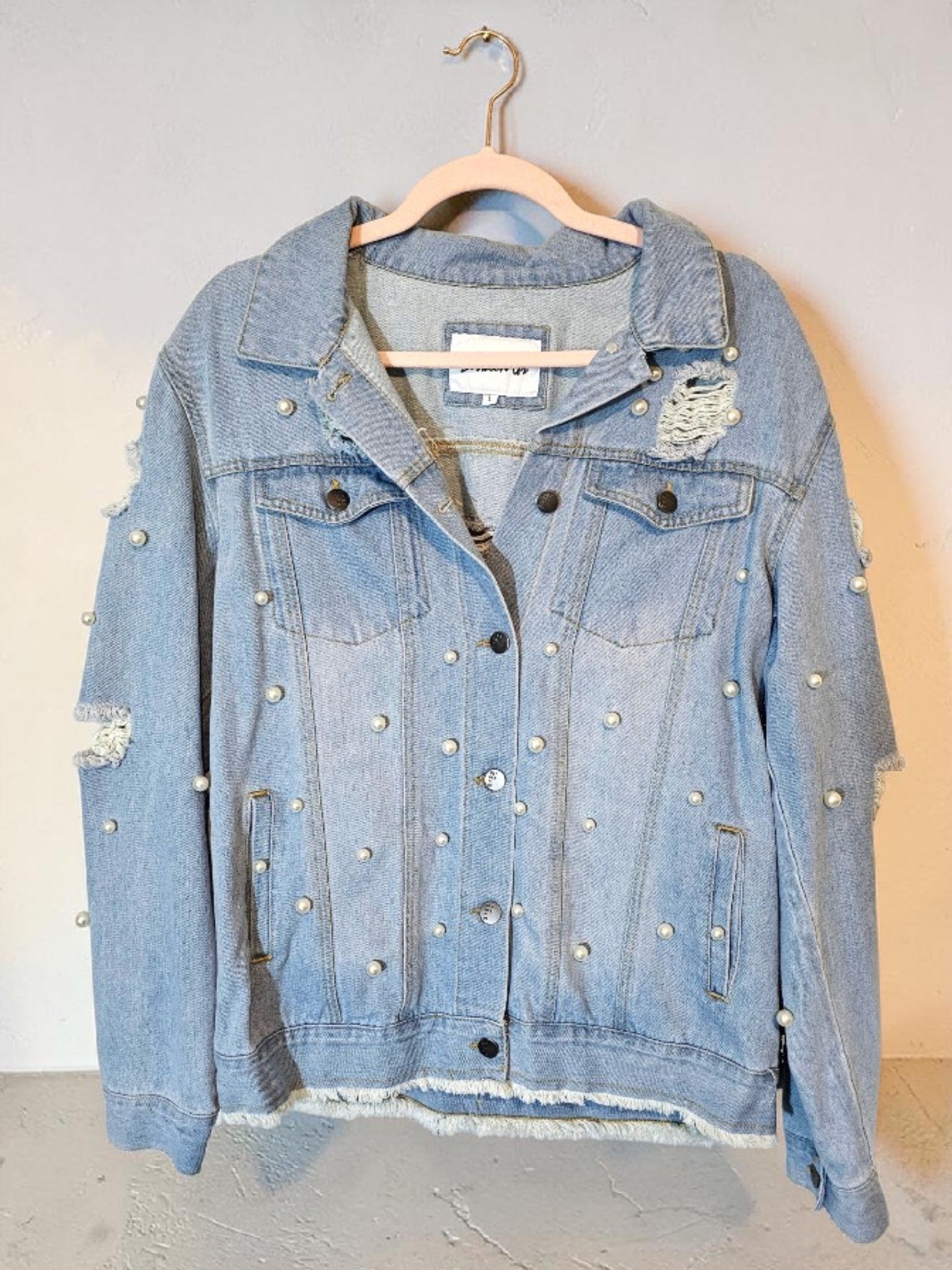 Denim and Pearls Light Blue Jean Distressed Jacket Size US L