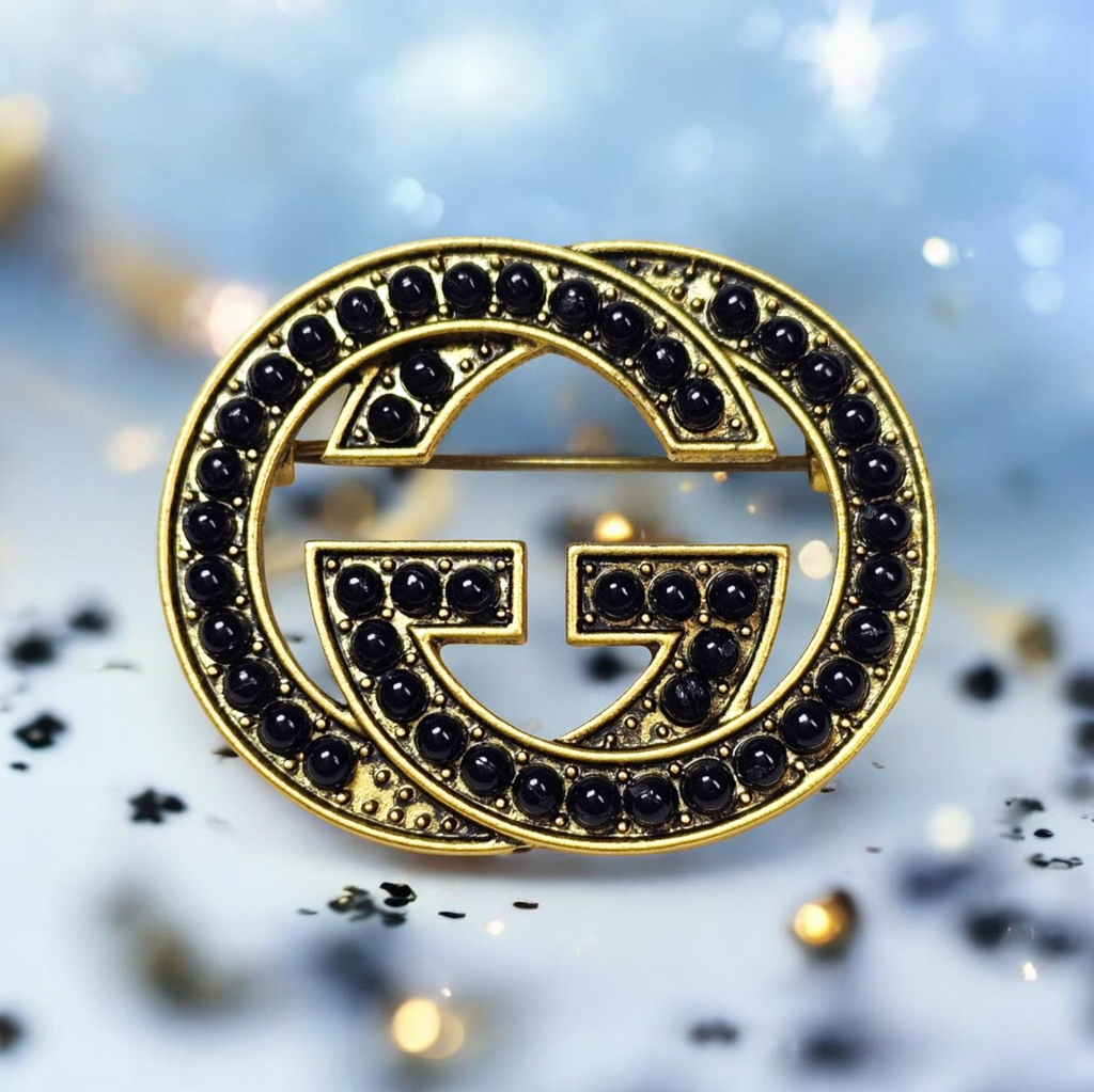 Gucci Antique Gold & Black Pearl Charm Brooch