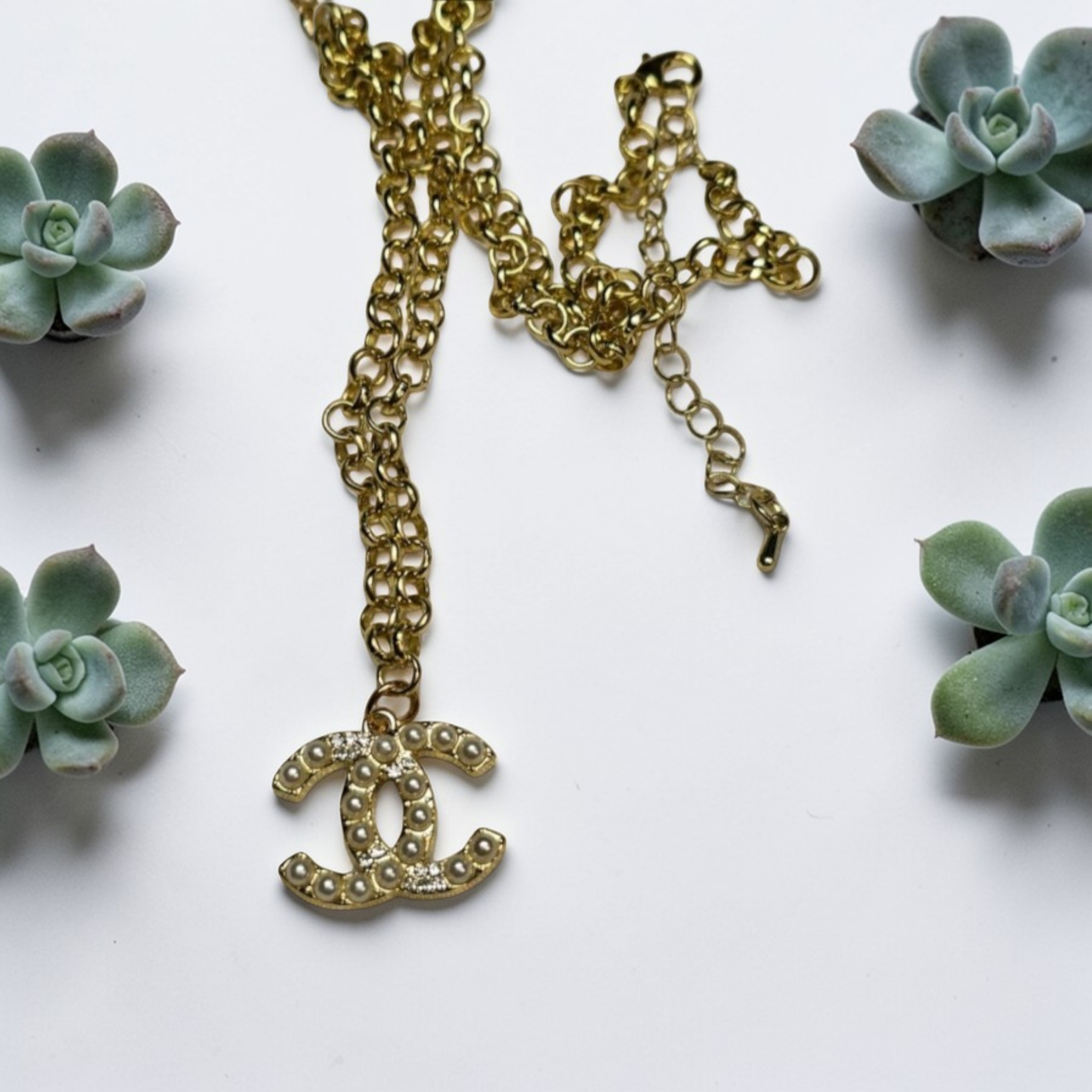Chanel gold logo charm pendant chain necklace
