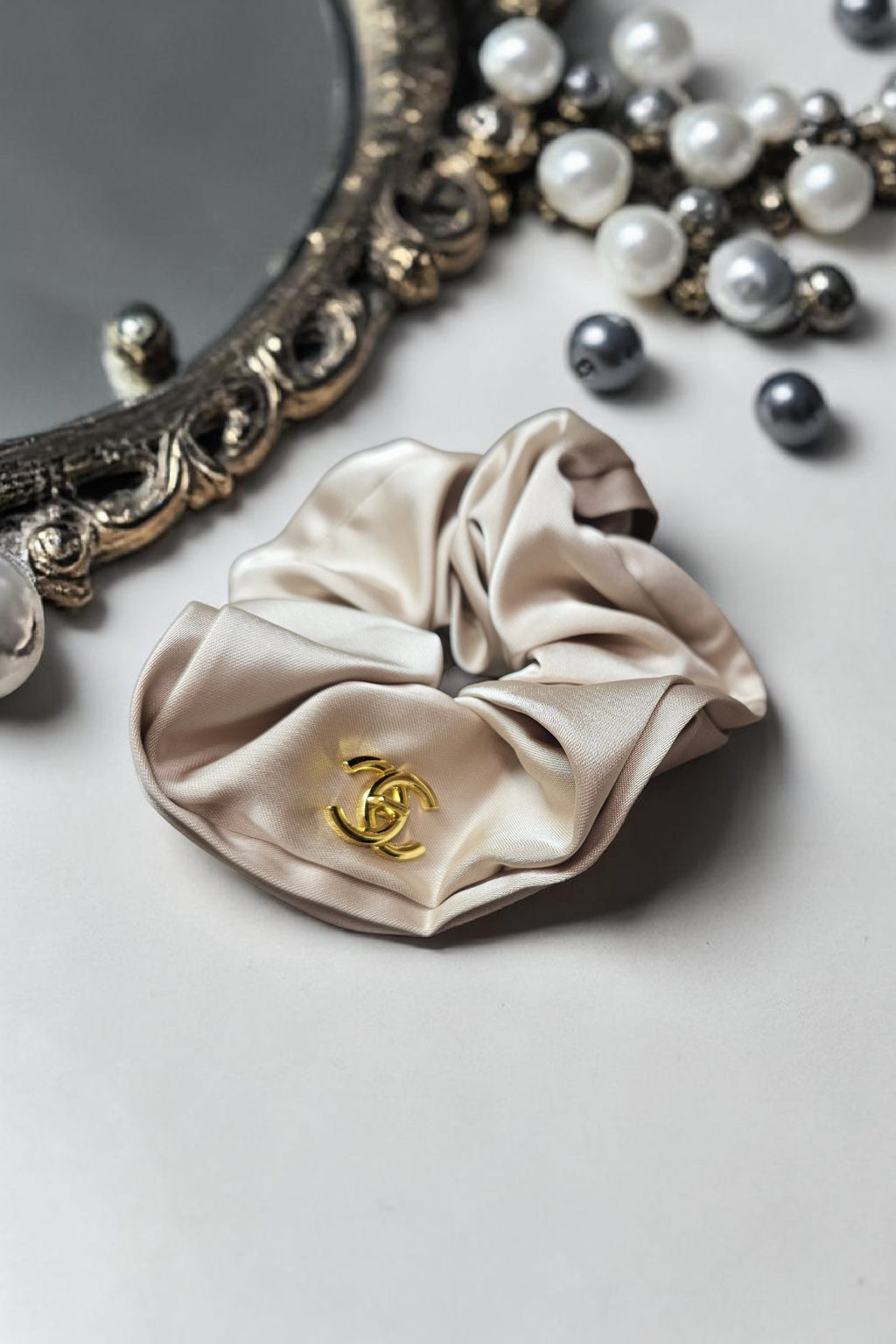Beige CC Satin Hair Scrunchie