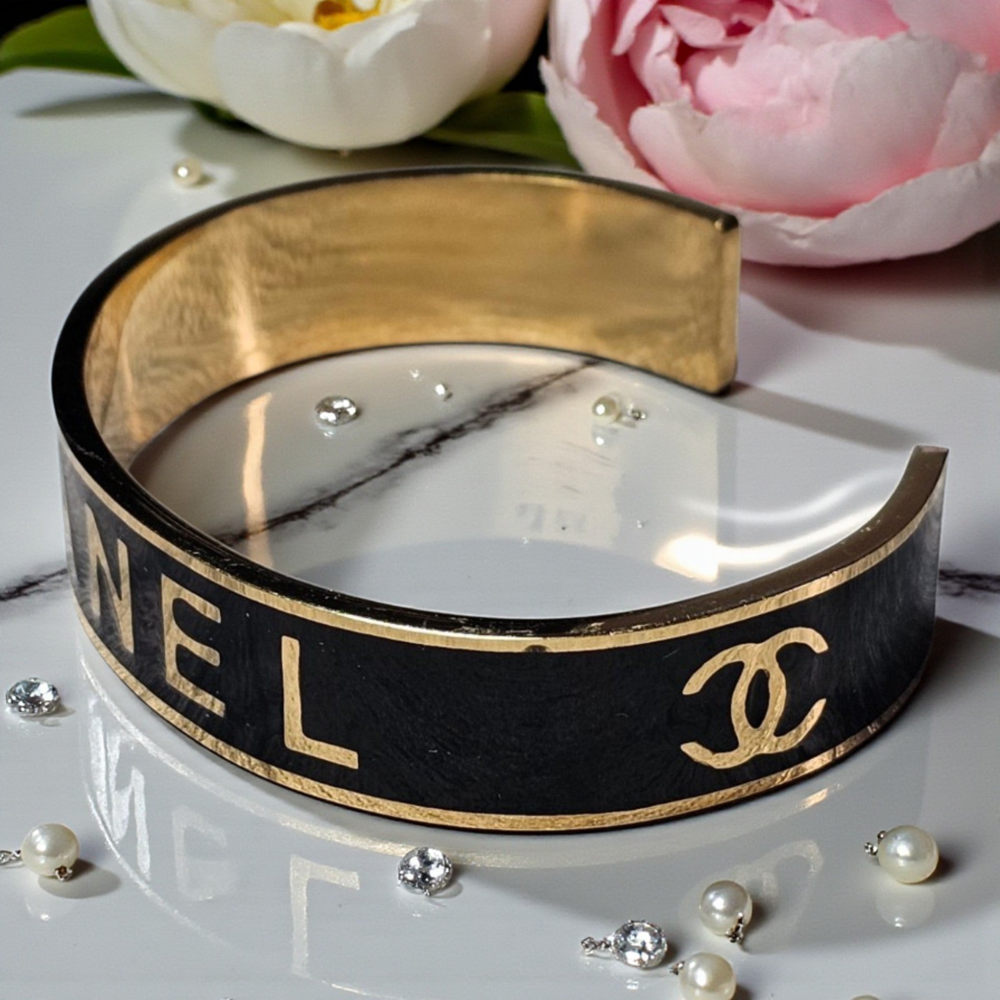Gold and Black CC Logo Cuff Bracelet New