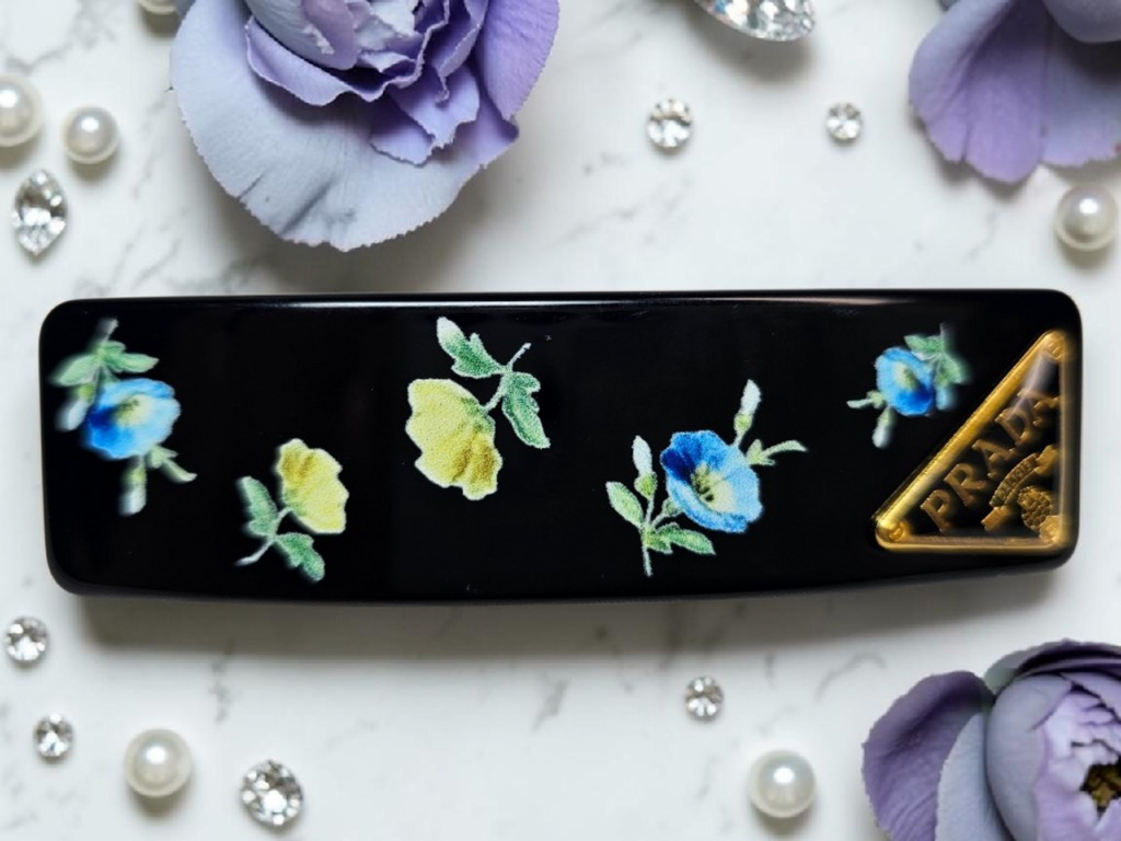 Black Floral and Gold Logo Charm Barrette/ Hair Clip Black Floral Spring