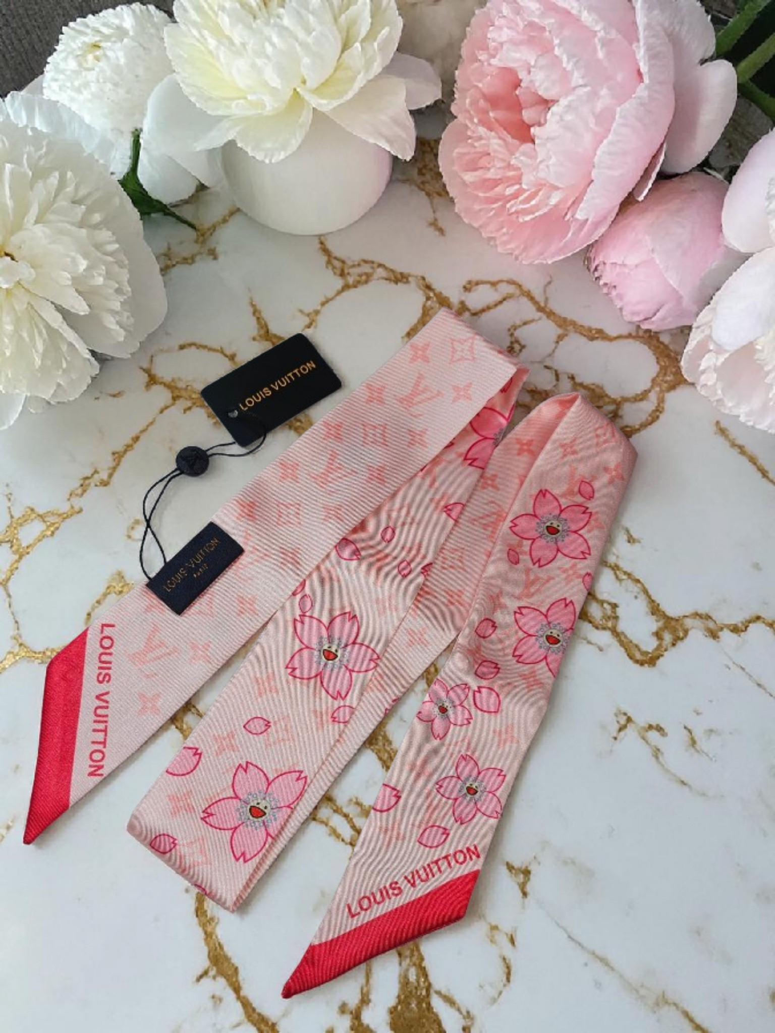 Louis Logo 100% Silk Bag/ Hair Scarf Made in Italy Pink Blossom