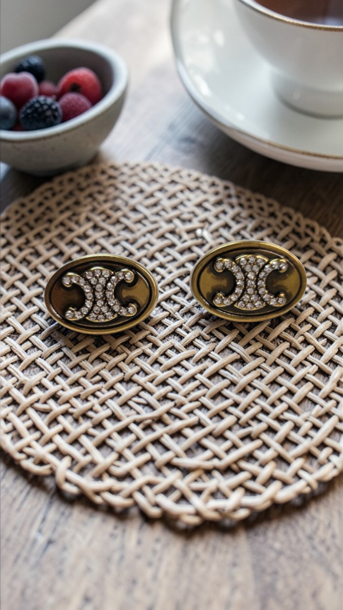 Celine logo Charm Stud Pierced Earrings Antique Gold