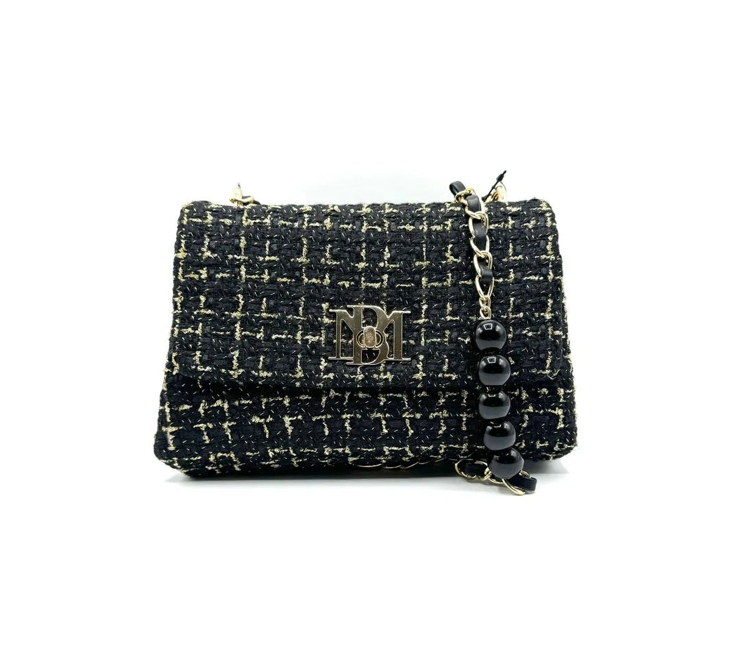 Badgley Mischka Tweed Crossbody Bag w/ Pearl Chain Strap NWT