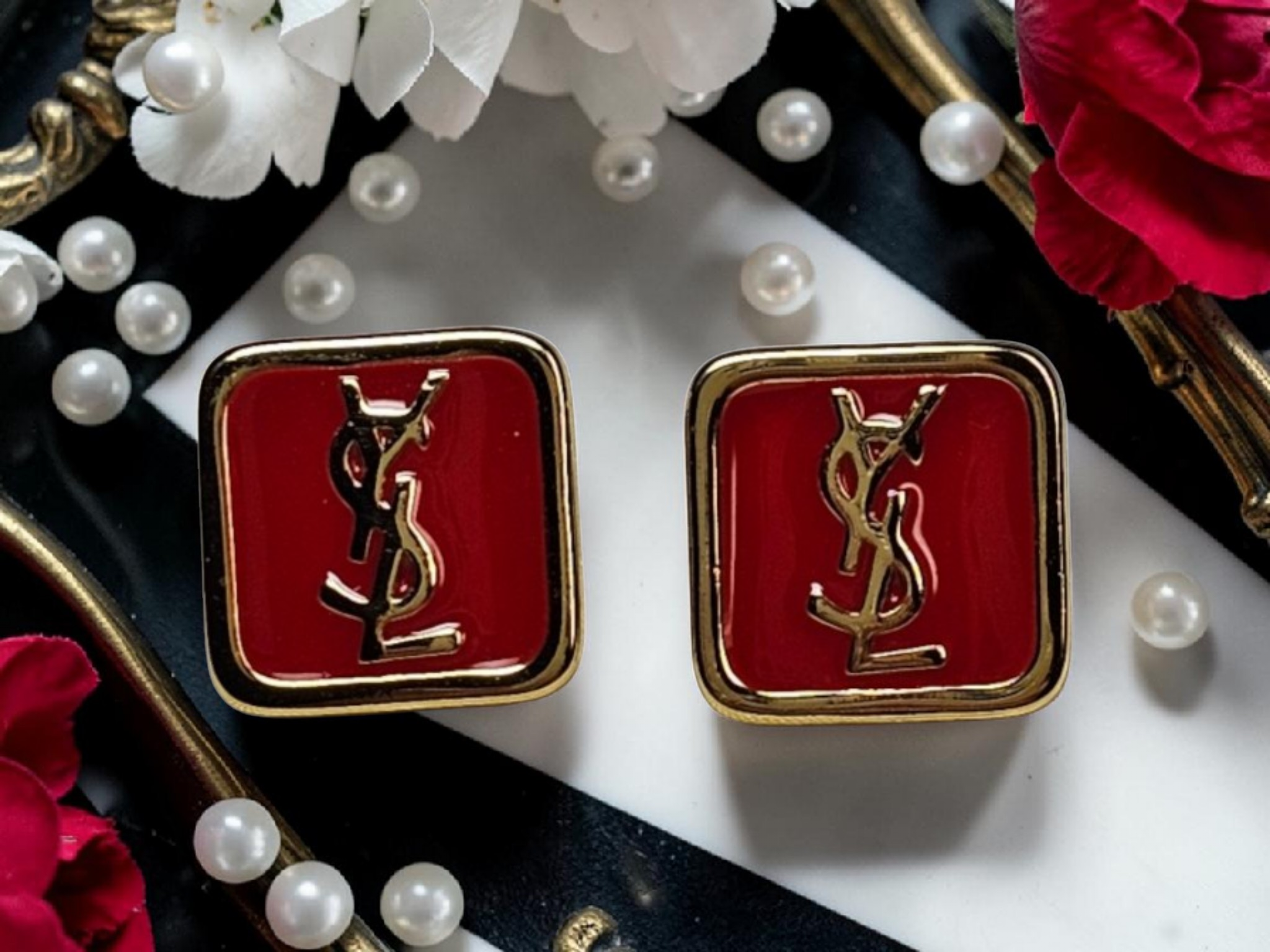 Red enamel charm Stud pierced Earrings NEW