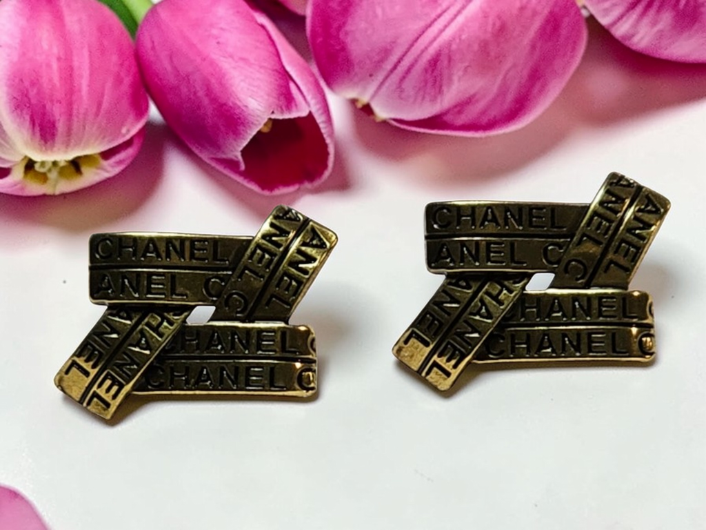 Chanel Antique Gold Charm Crossbar Pierced Earrings