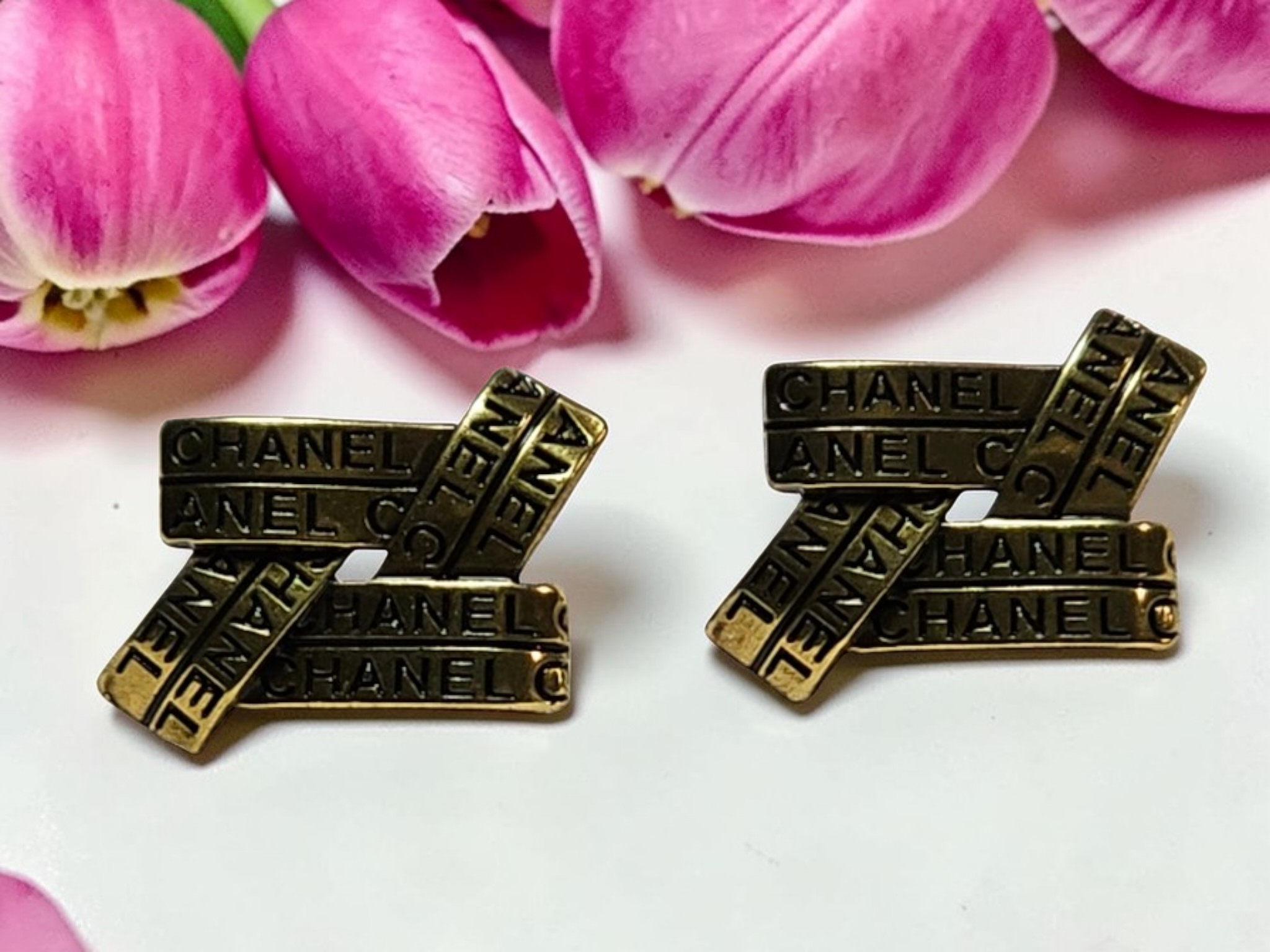 Chanel Antique Gold Charm Crossbar Pierced Earrings