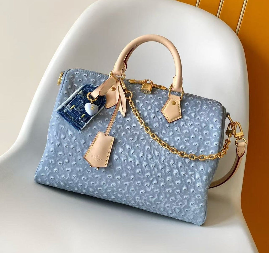Blue Ostrich L Logo Specialty Luxury Bag 30 cm