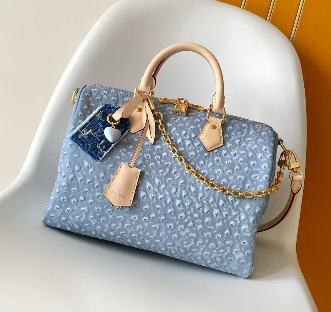 Blue Ostrich L Logo Specialty Luxury Bag 30 cm