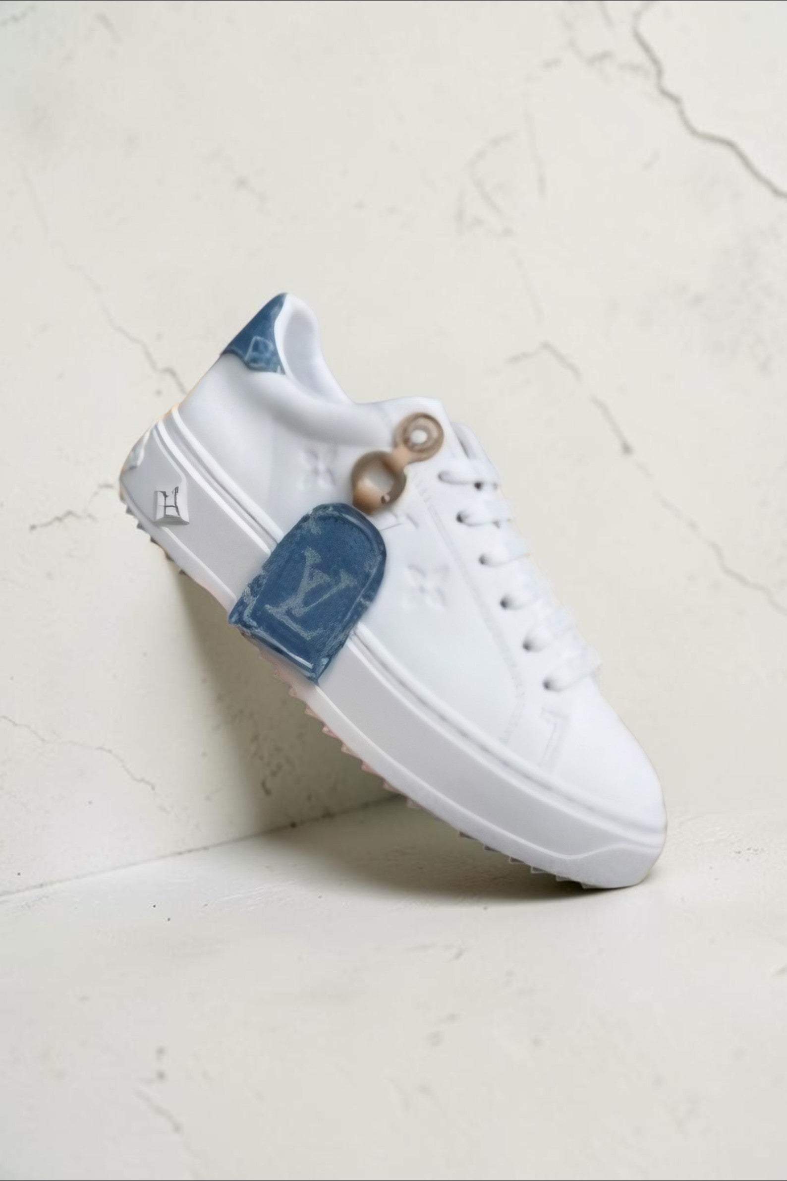 White and Denim L logo Women's sneakers with shoe charm US Size 9 EU Size 40