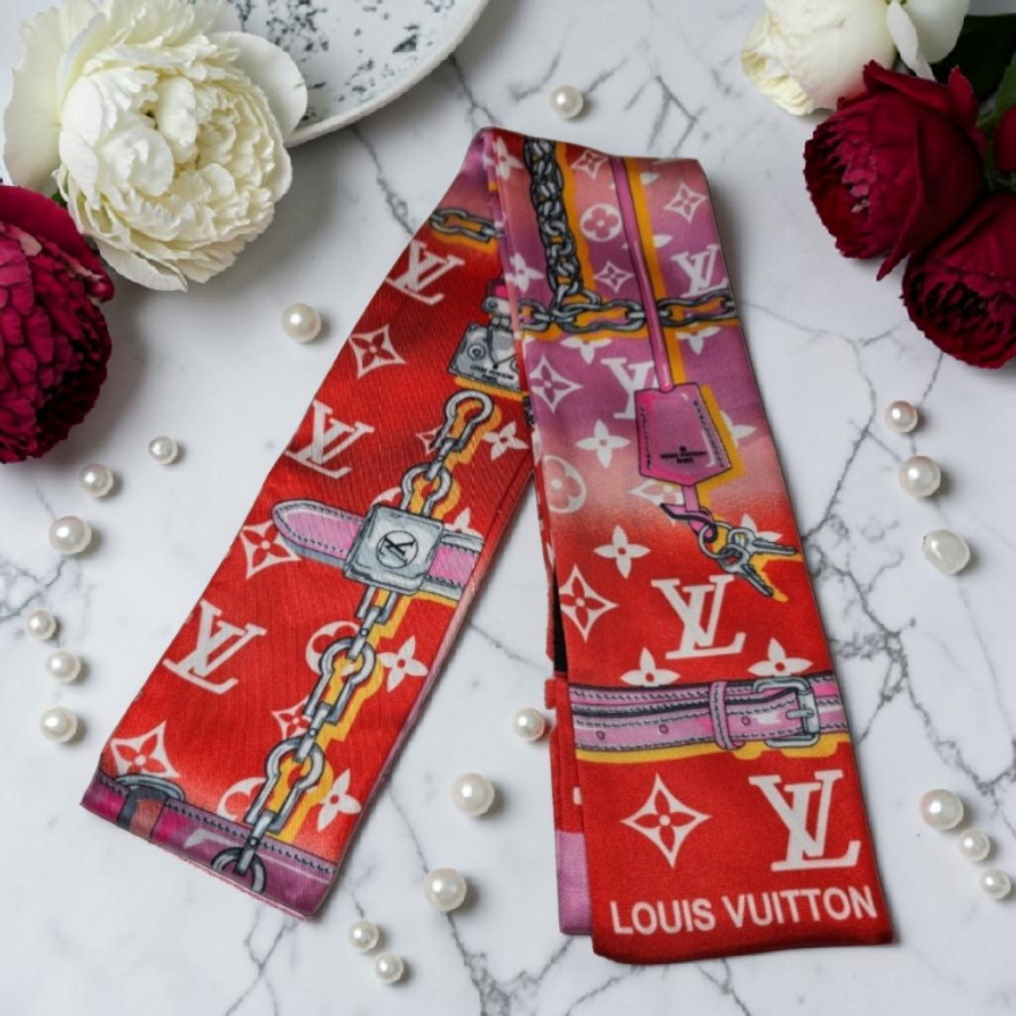 Louis logo Bag Scarf Hair Accessory Tagged 100% Silk Red