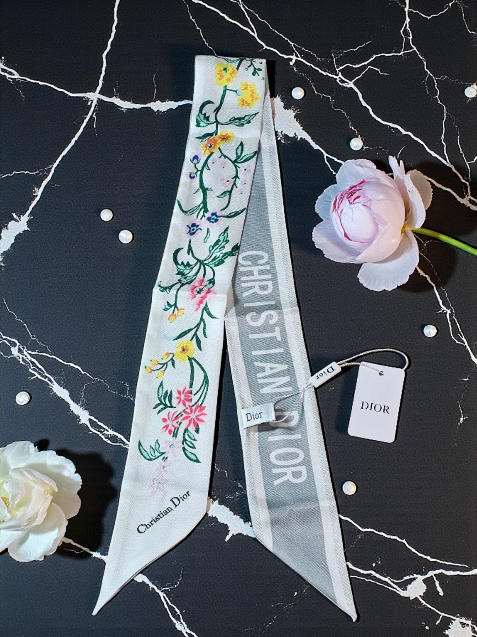 CD Logo Summer 2026 White Floral Bag and Hair Scarf NWT