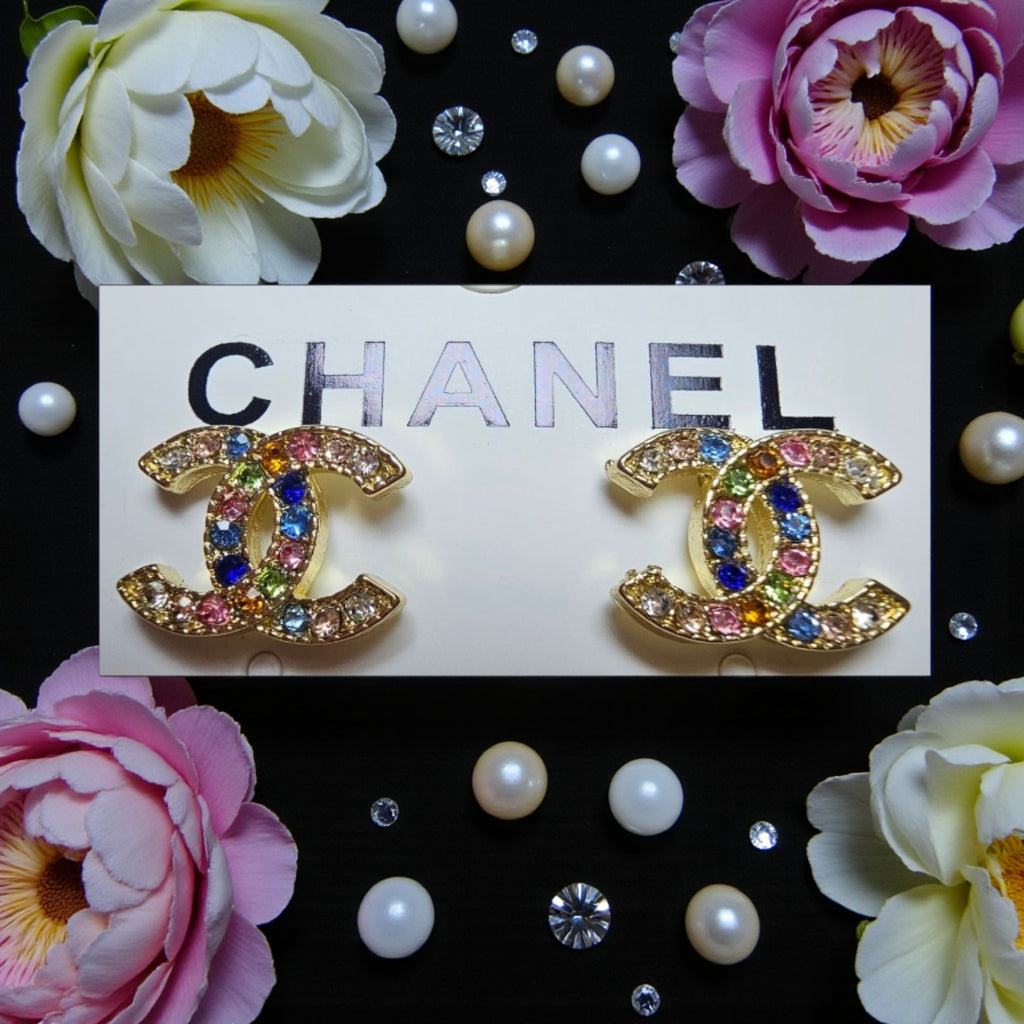 18K Gold plated CC logo multicolor gemstone pierced earrings