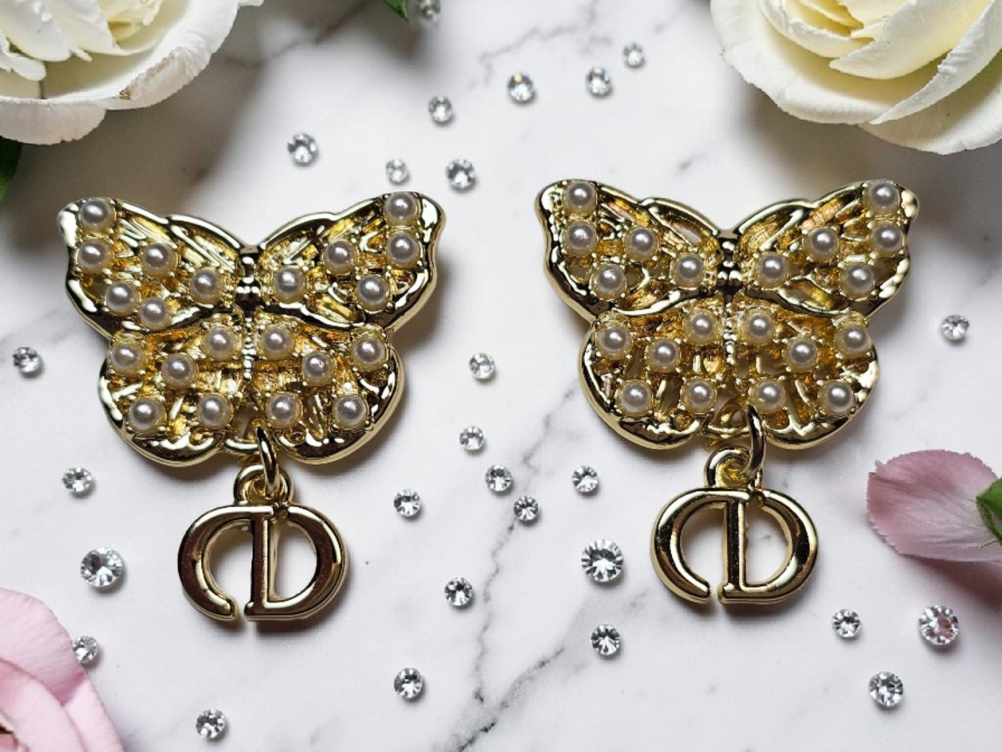 Gold Butterfly logo Charm dangle earrings