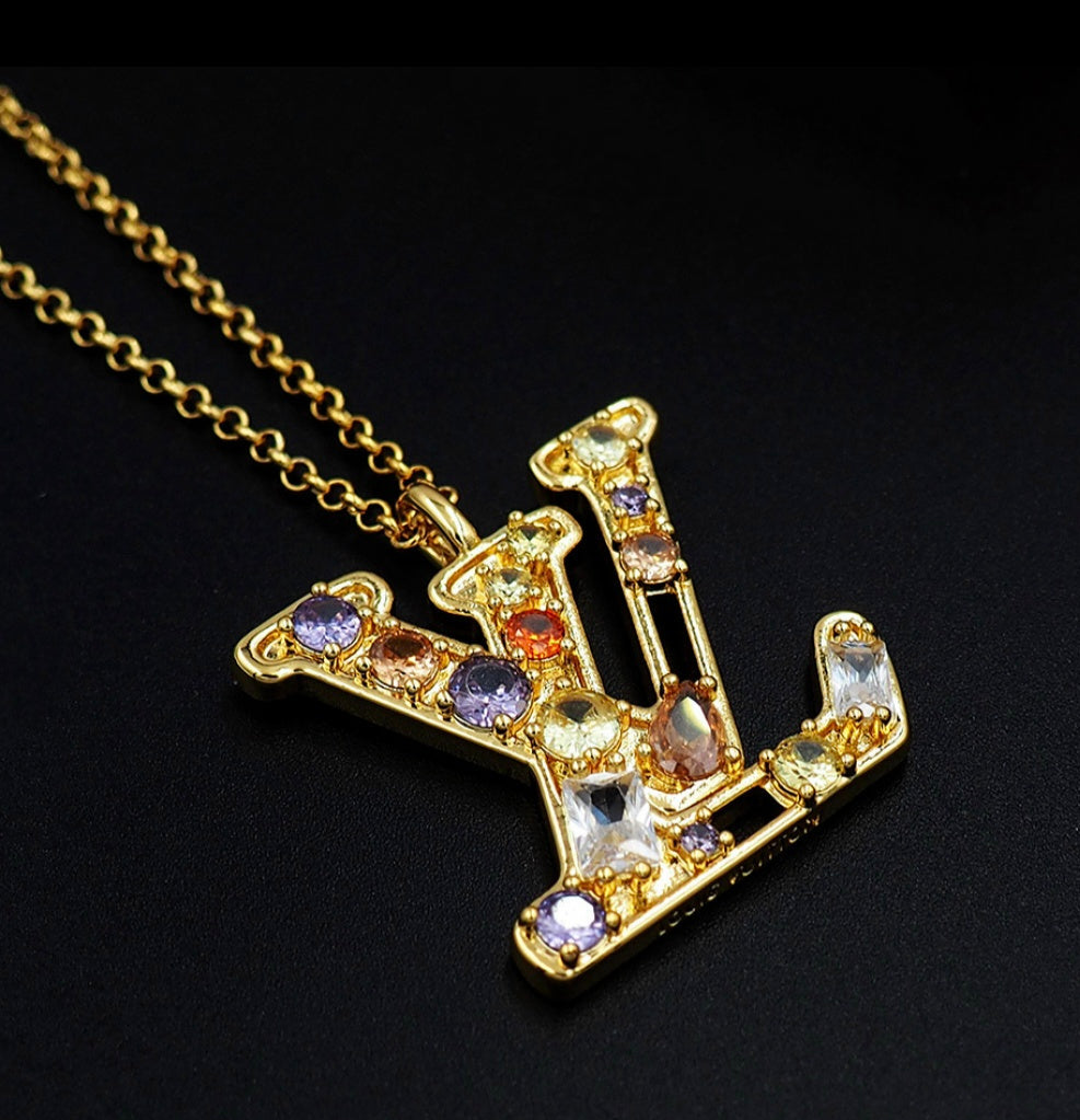 L Logo MultiStone Chain Necklace