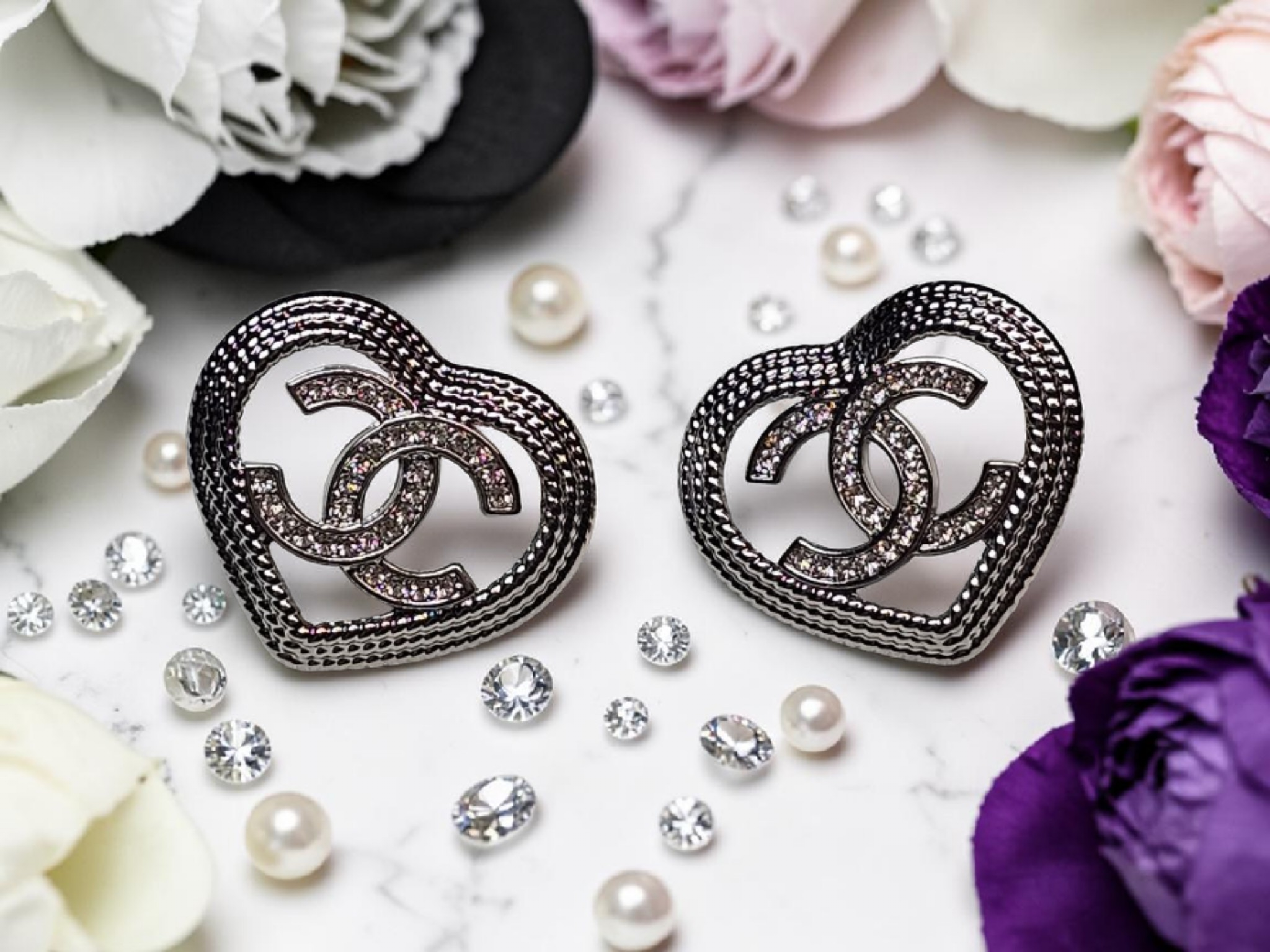 CC Logo charm Silver Heart Stud Earrings Pierced Ears