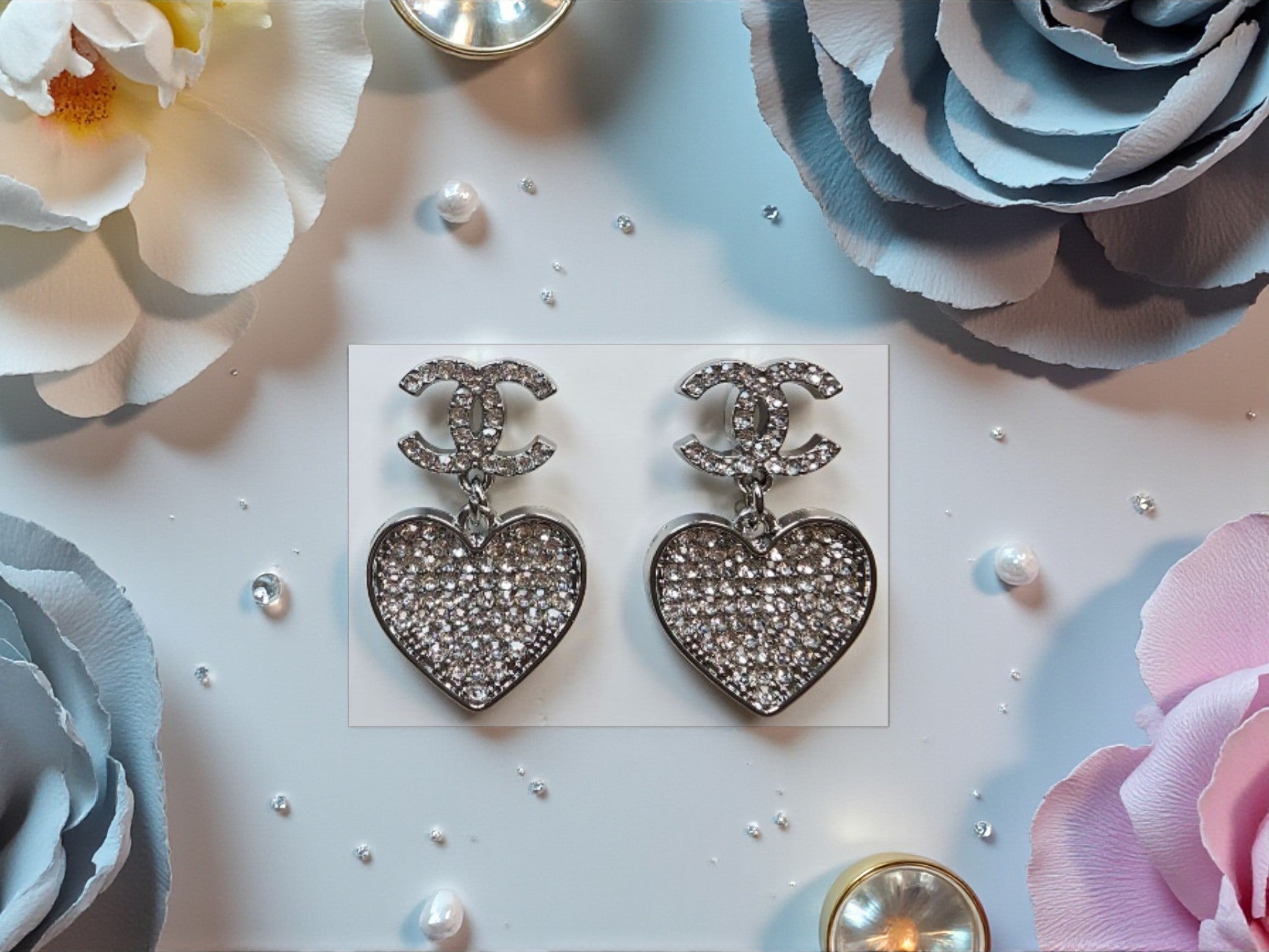 18K White Gold plated CC Logo Drop Hearts