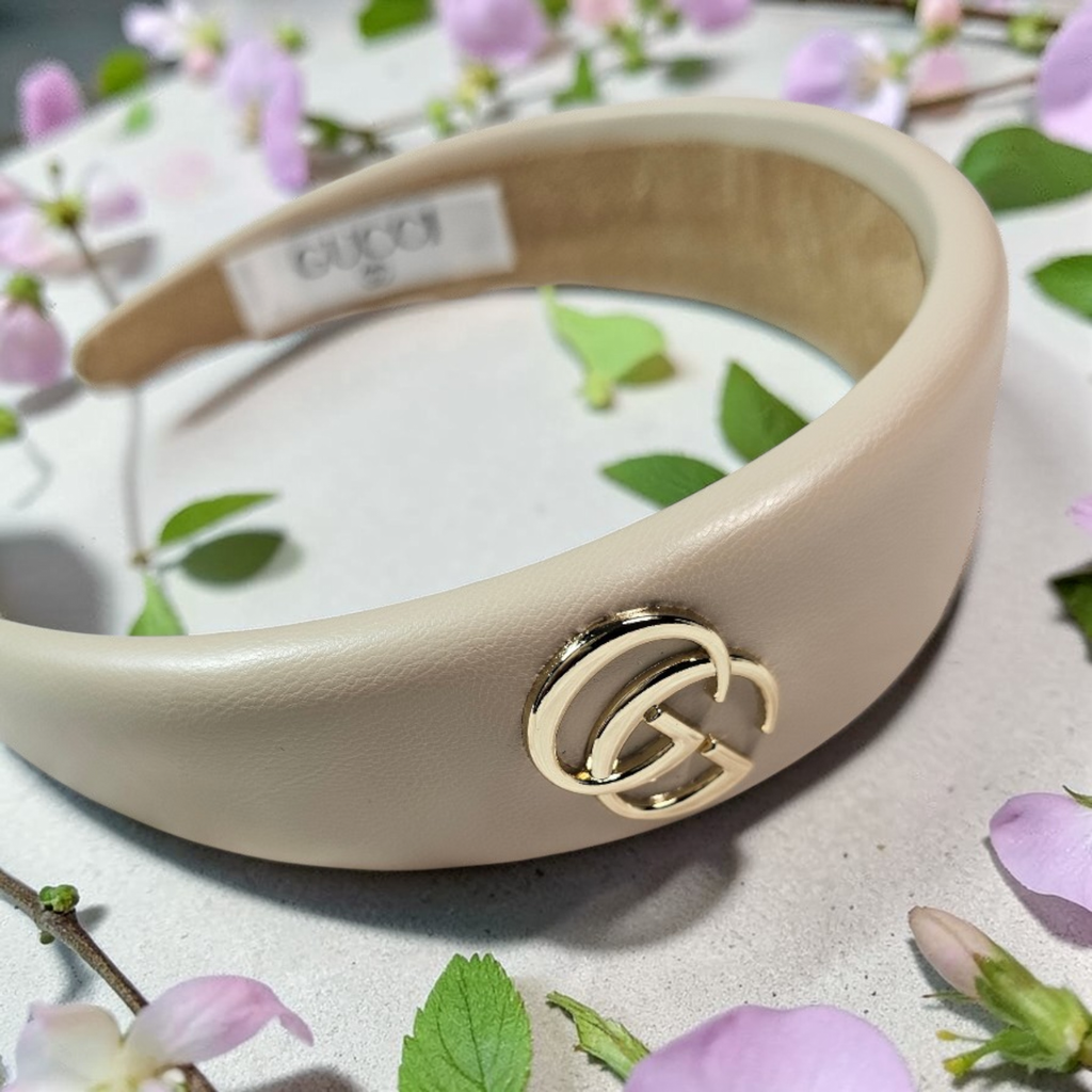 GG Charm Headband — Cream Leather w/ Gold