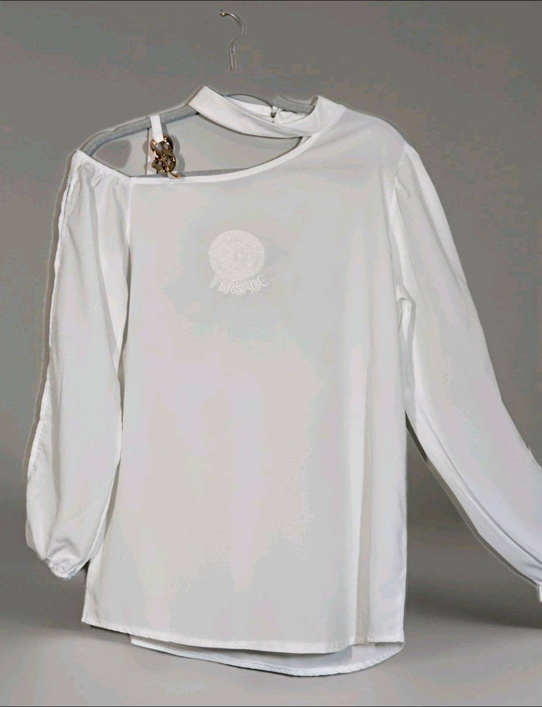 Medusa logo White Silk Blend Asymmetric Embroidered Blouse Size US Large