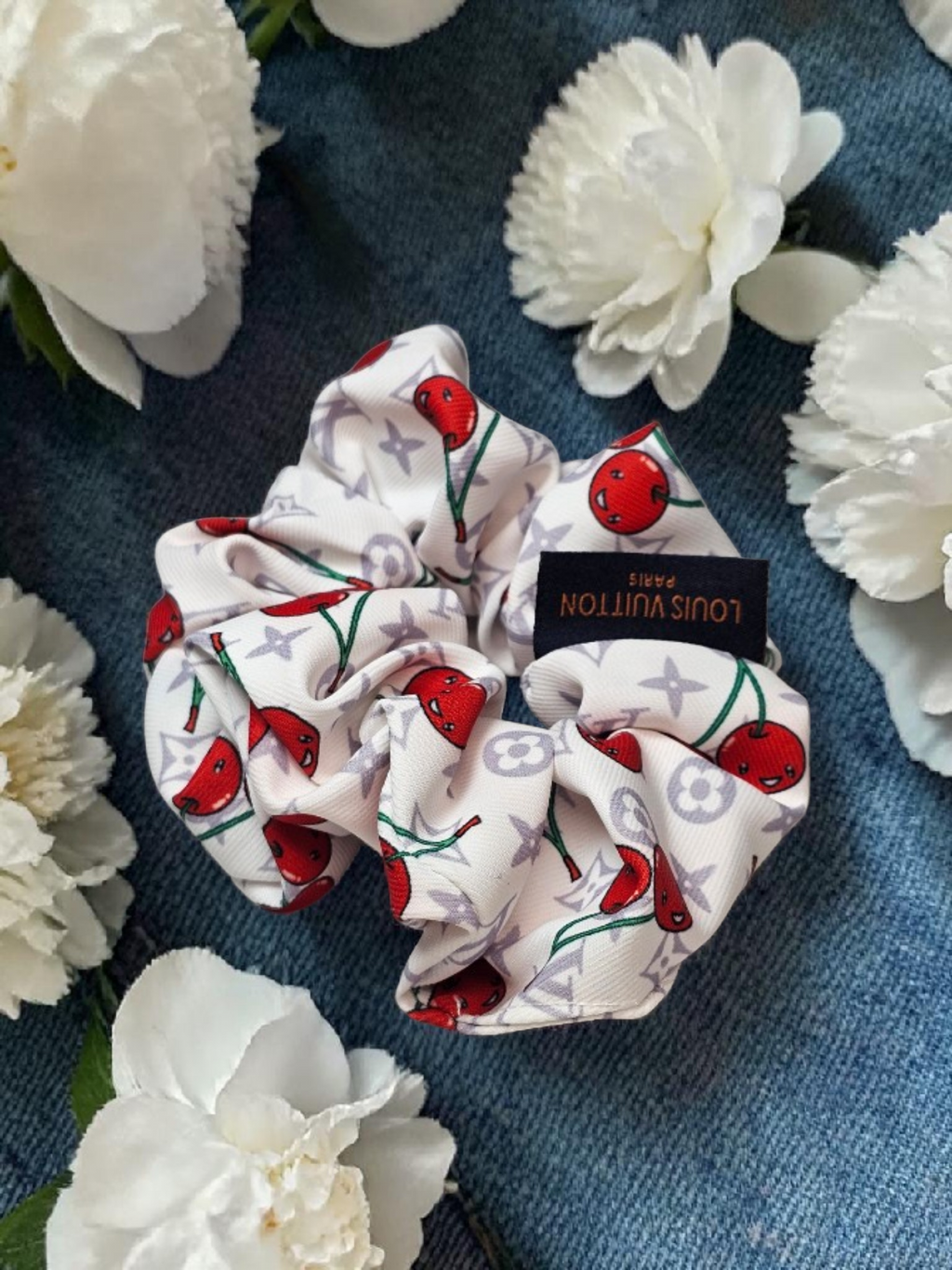 White Louis Logo Cherry Silk Scrunchie