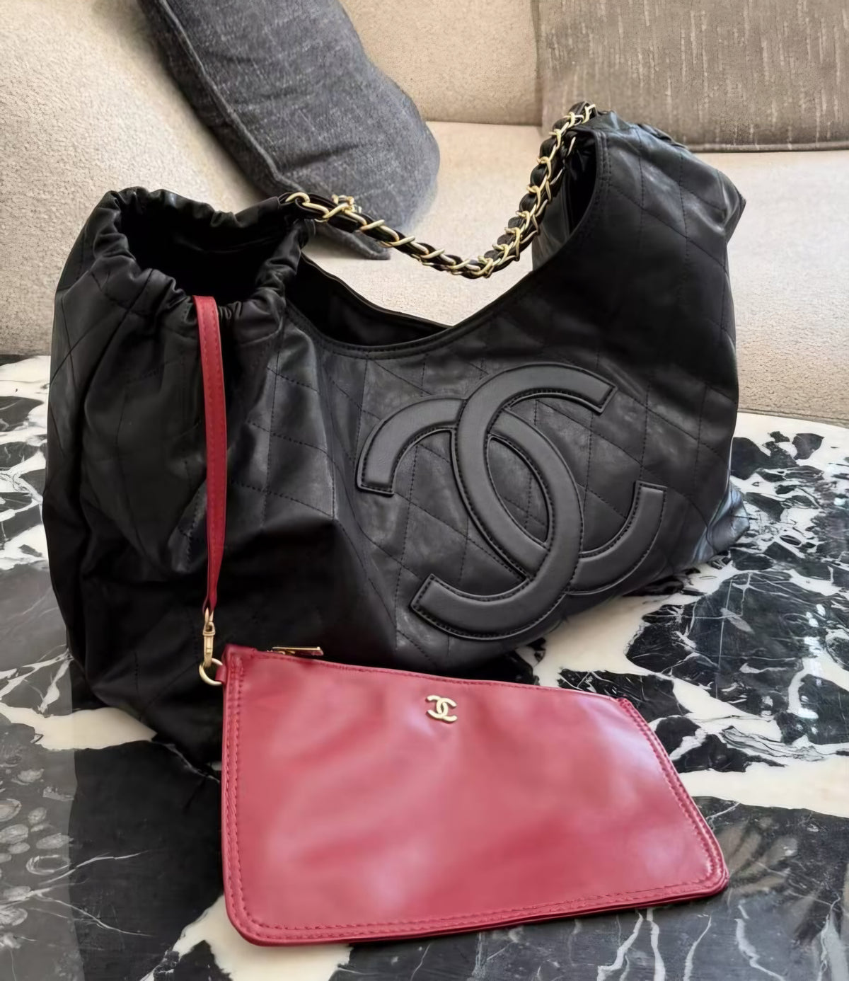 Jet Black C Logo XL Tote Bag w/ Red Pouch