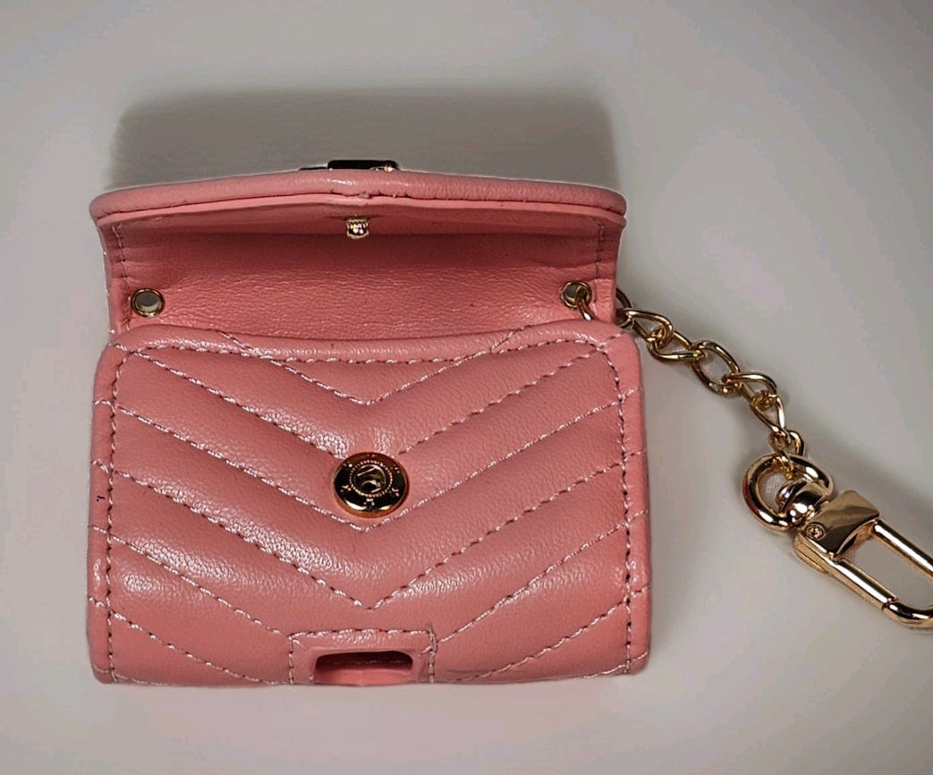 Pink Quilted Leather Yves St Laurent Logo Charm AirPods/Earbuds Case