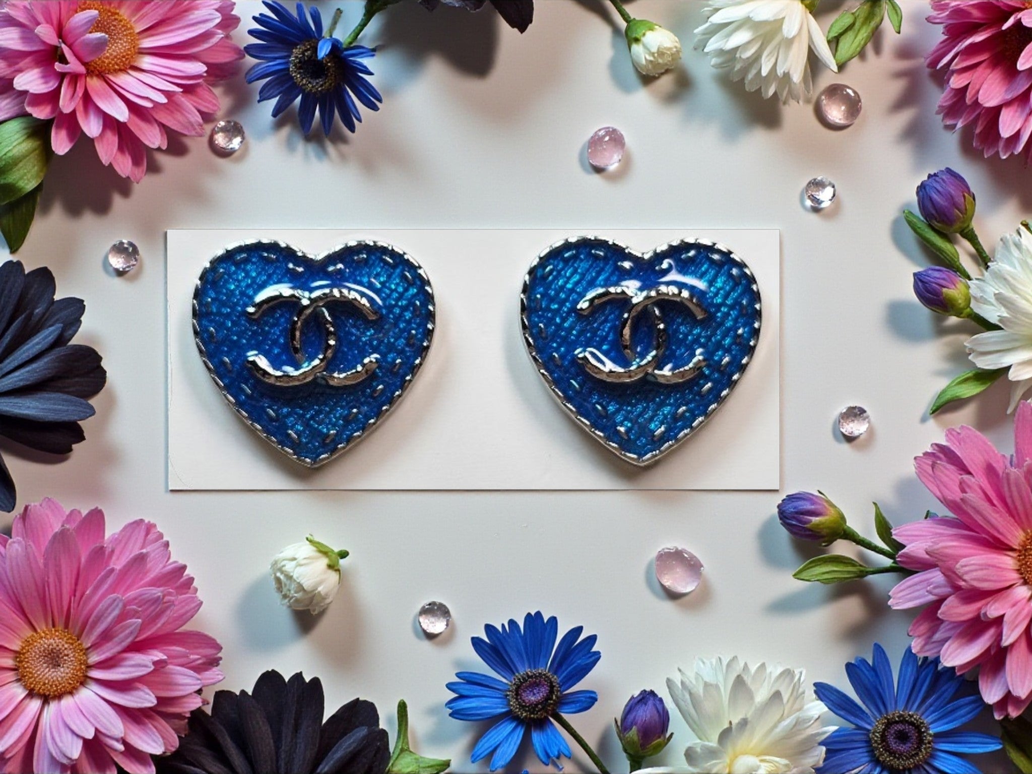 18K White Gold Plated "Denim Blue" Heart Pierced Stud Earrings