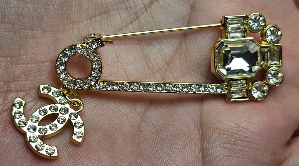 Gold Charm Safety Pin Brooch