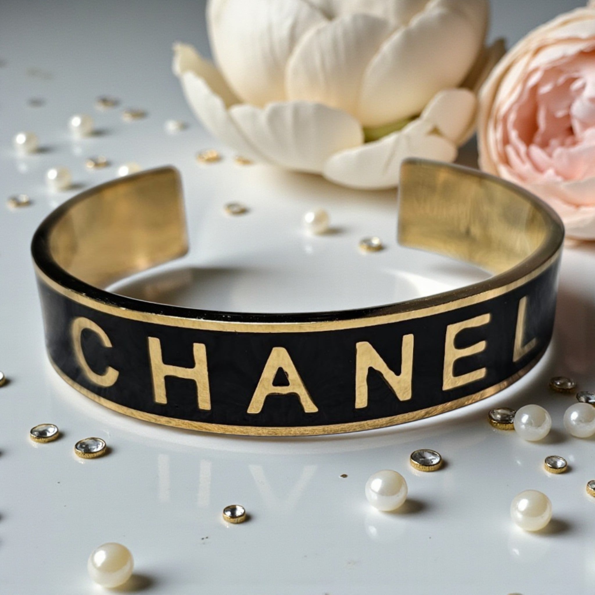 Gold and Black CC Logo Cuff Bracelet New