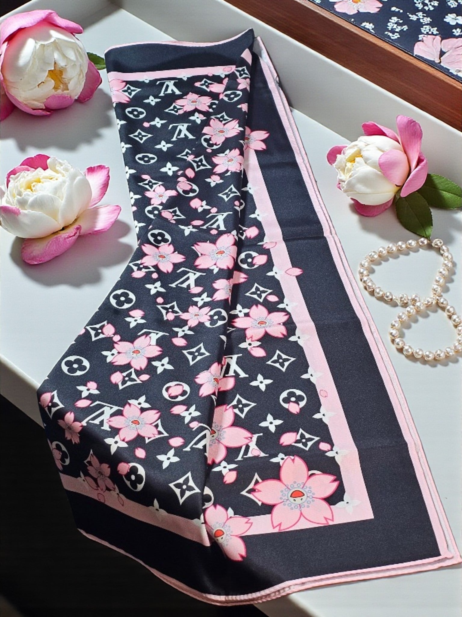 100% Silk LV Logo Black and Punk Cherry Blossom Large Scarf