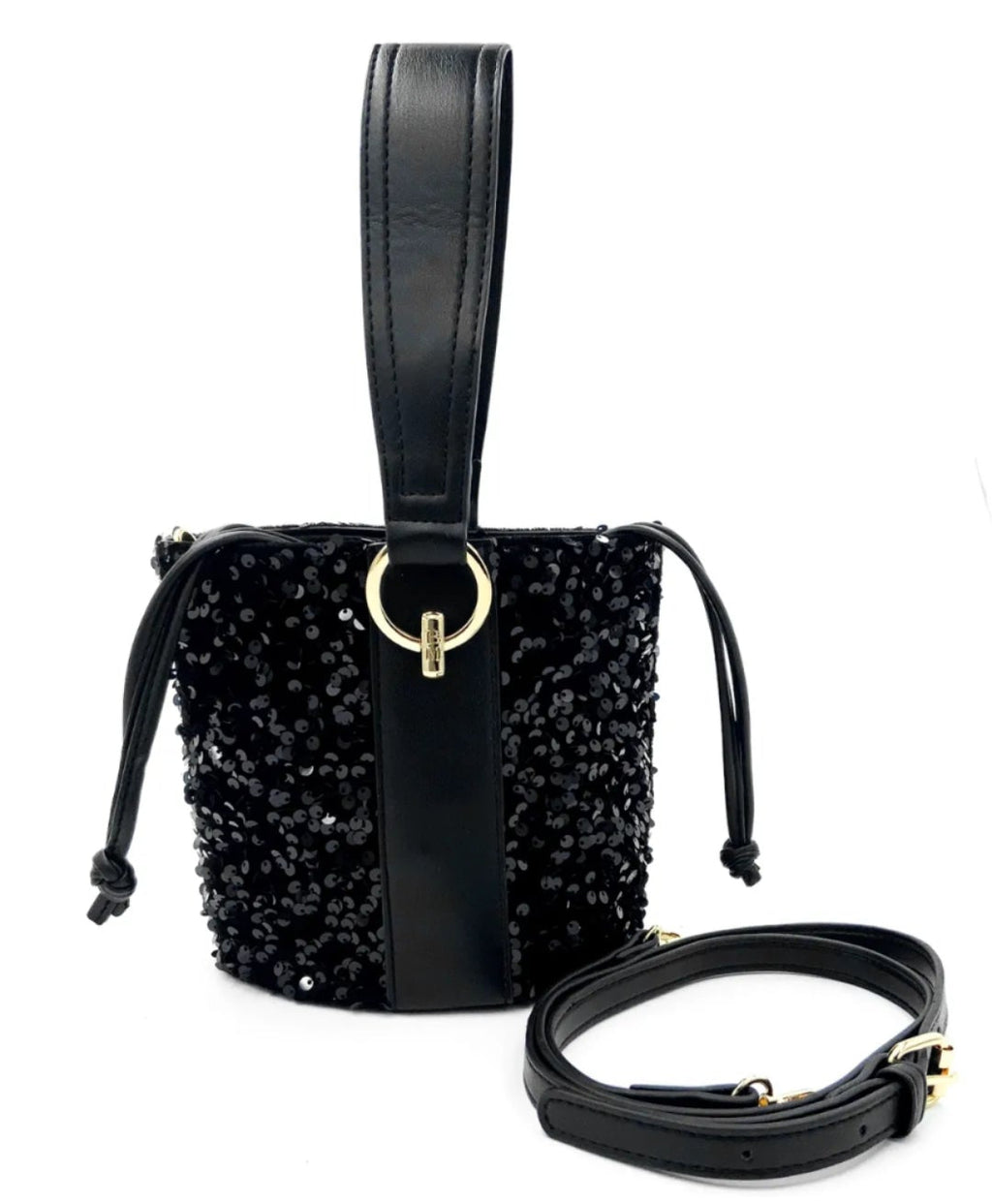 Badgley Mischka Black Sequin Vegan Leather Bucket Bag NWT