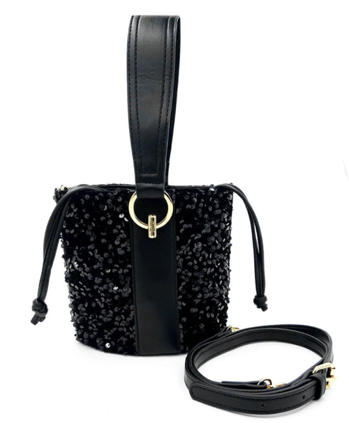 Badgley Mischka Black Sequin Vegan Leather Bucket Bag NWT