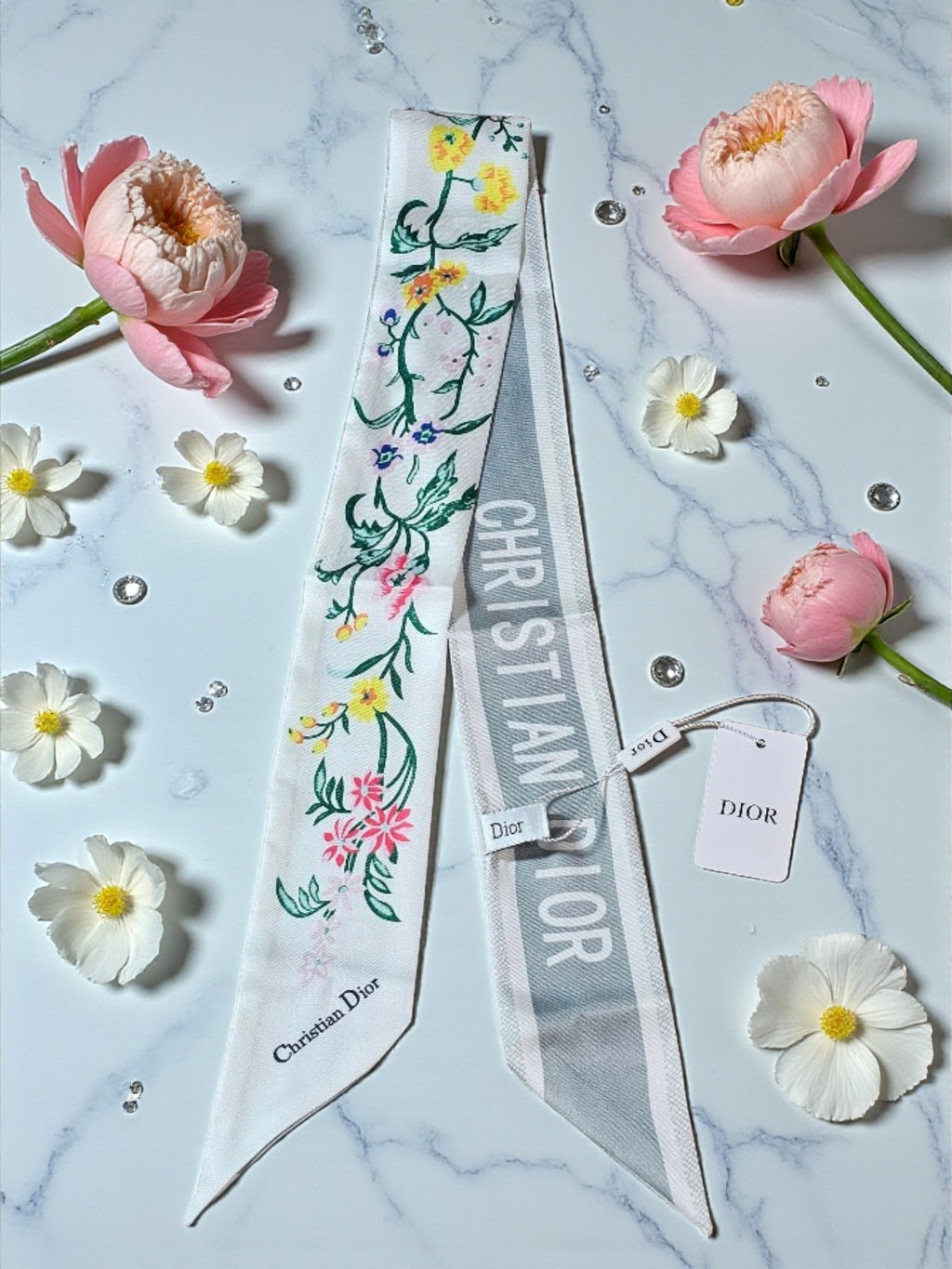 CD Logo Summer 2026 White Floral Bag and Hair Scarf NWT