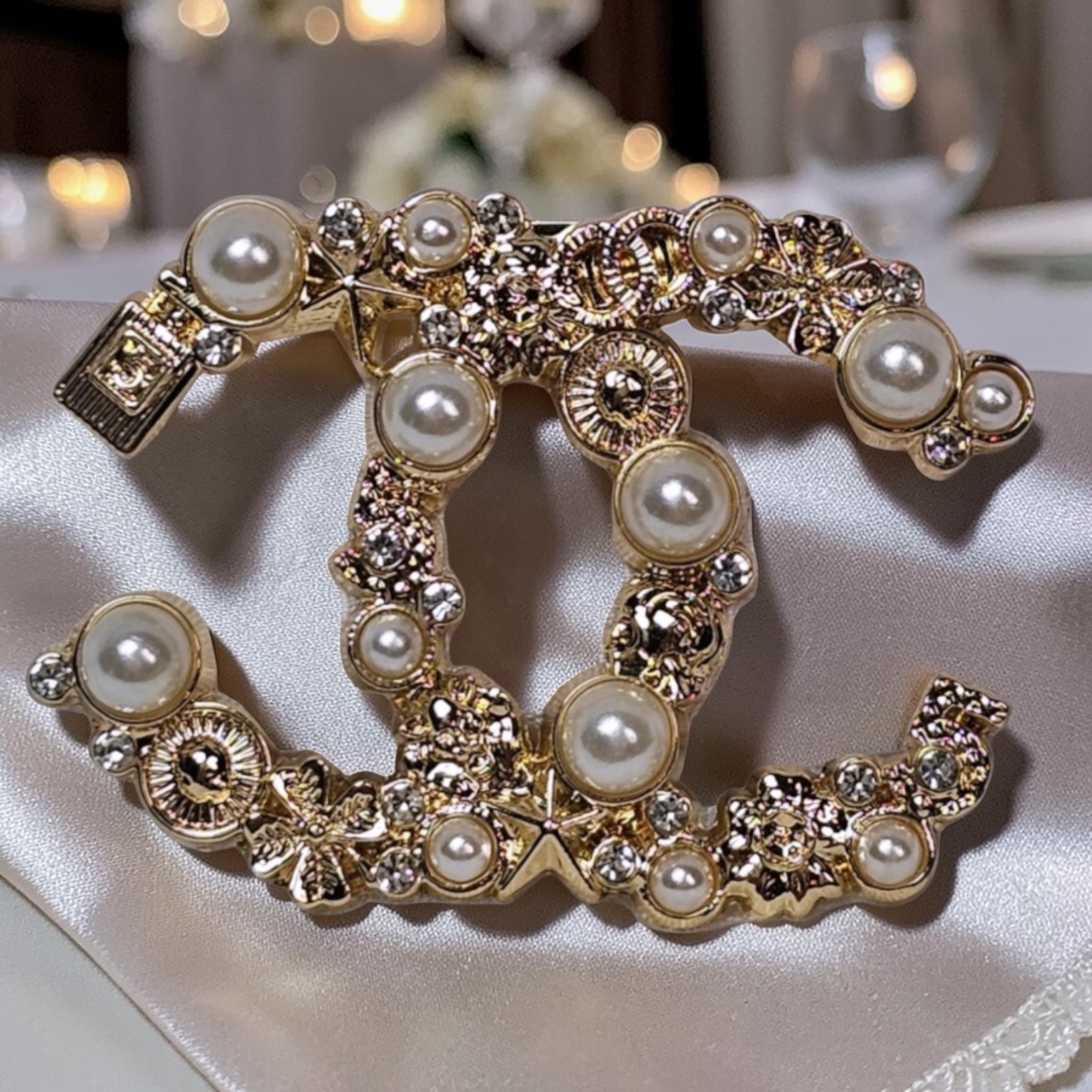 Chanel Gold and Pearl Floral Themed Charm Brooch