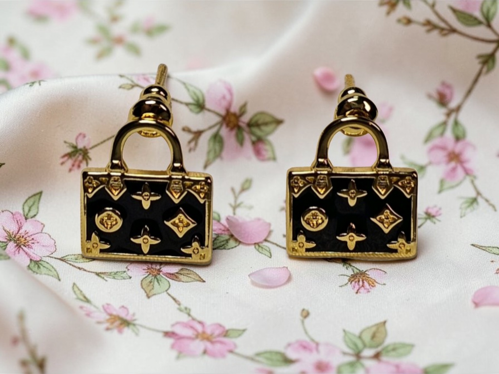 Louis Vuitton Gold and Black Logo Pierced Stud Earrings