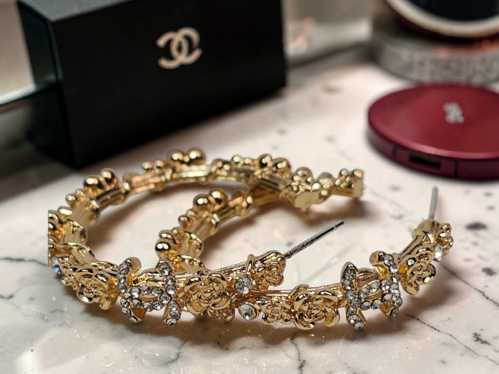 CC Camellia logo Gold and Gemstone Statement Hoops