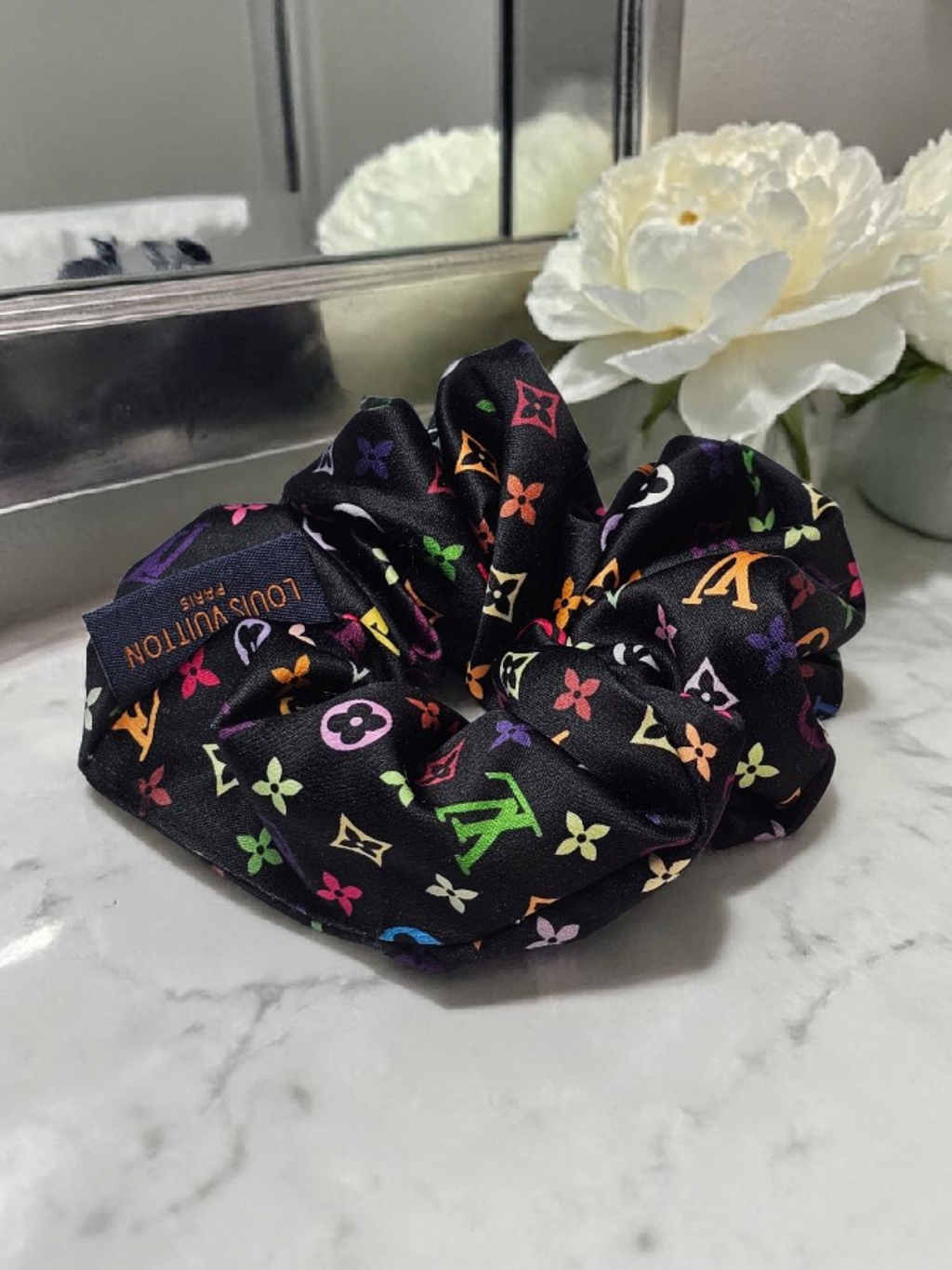Louis x Murakami Logo Scrunchie Black Summer 100% Silk NEW
